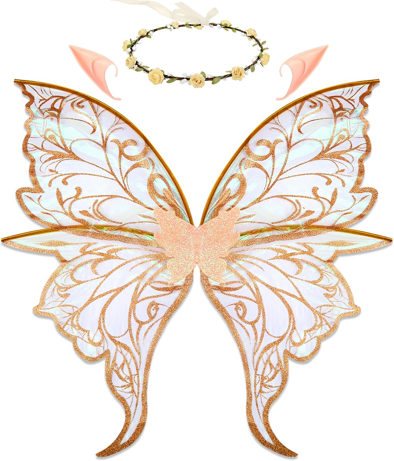 Large Fairy-Wings Costume for Adult Women 31"x29.5" with Elf Ears, Floral Crown Angel Halloween Cosplay Music