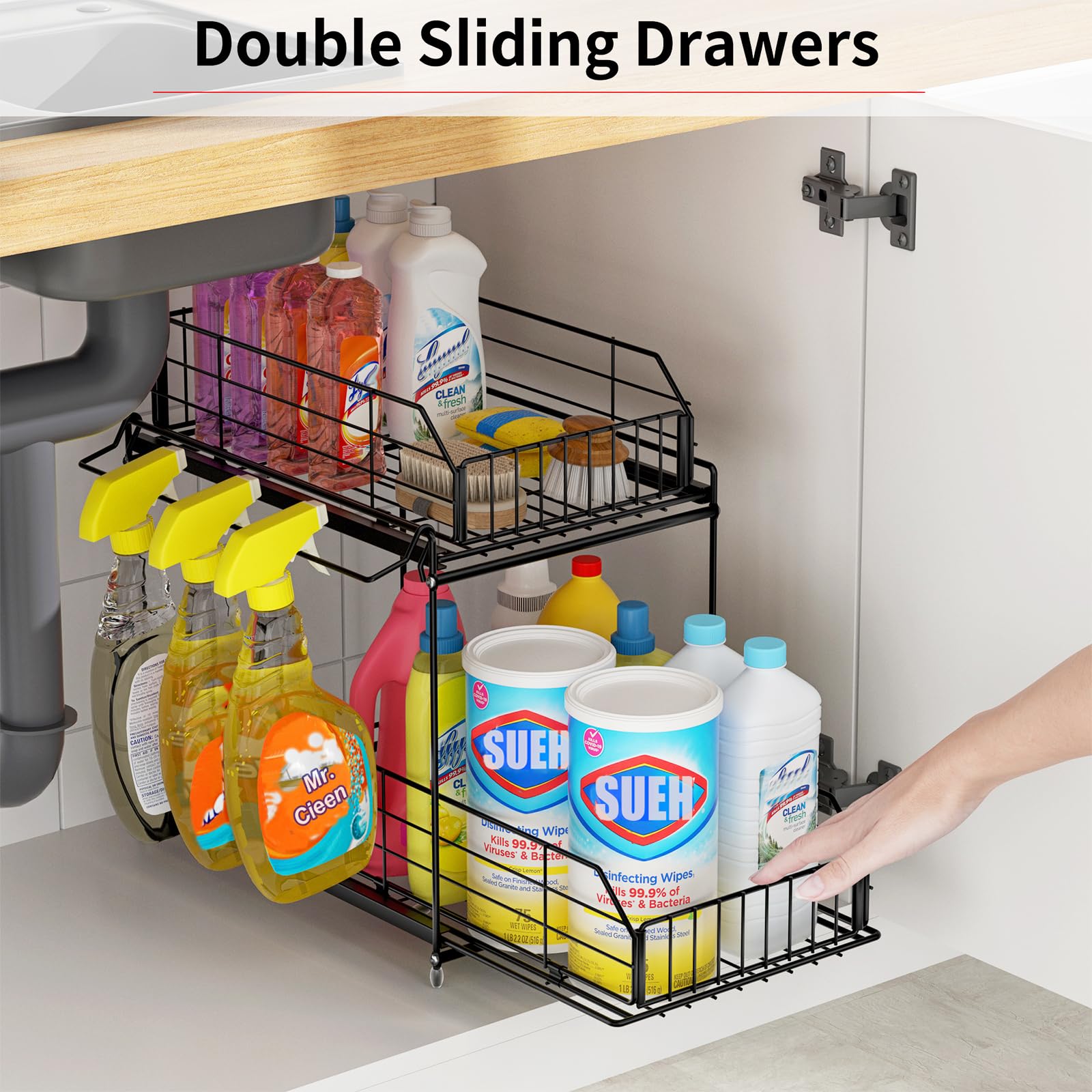 SUEH DESIGN Organizadores y almacenamiento para debajo del fregadero, almacenamiento de metal de 2 niveles con riel para colgar para cocina, baño, organizador de gabinete, paquete de 2