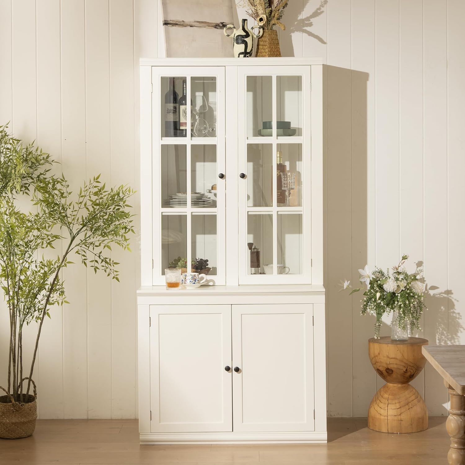 Virubi 75'' Tall China Hutch Cabinet with Glass Doors,Kitchen Pantry Storage,Coffee Bar Hutch with Shelves for Kitchen,Living Room,Bar,White (1x Cabinet)