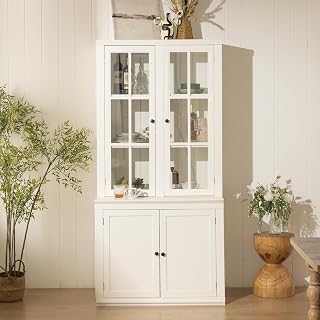 75'' Tall China Hutch Cabinet with Glass Doors,Kitchen Pantry Storage,Coffee Bar Hutch with Shelves for Kitchen,Living Room,Bar,White (1x Cabinet)