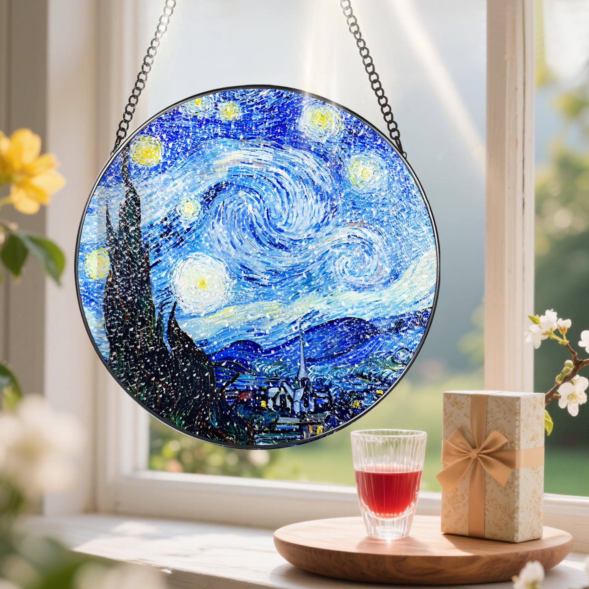 Stained Glass Window Hanging, Pauyadu Van Gogh Starry Night Sun Catchers, Stained Glass Suncatcher, Starry Night Decor Gifts for Her, Women, Art Lover, Friend - 8 Inch