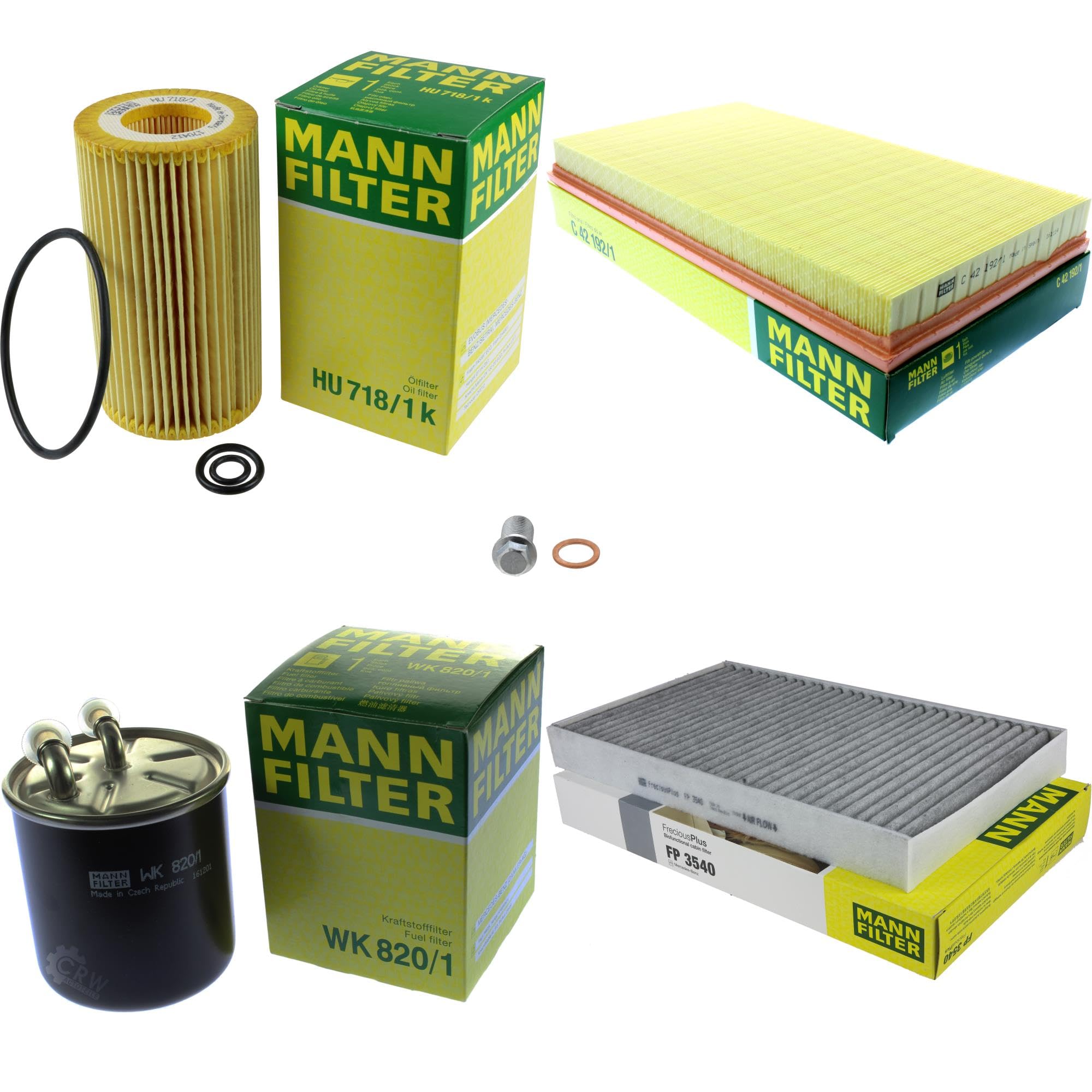 Paquete de inspección Kit de mantenimiento de filtros con filtro de aceite HU 718/1 k, filtro de aire C 42 192/1, filtro de combustible WK 820/1, filtro de habitáculo FP 3540, tornillo de