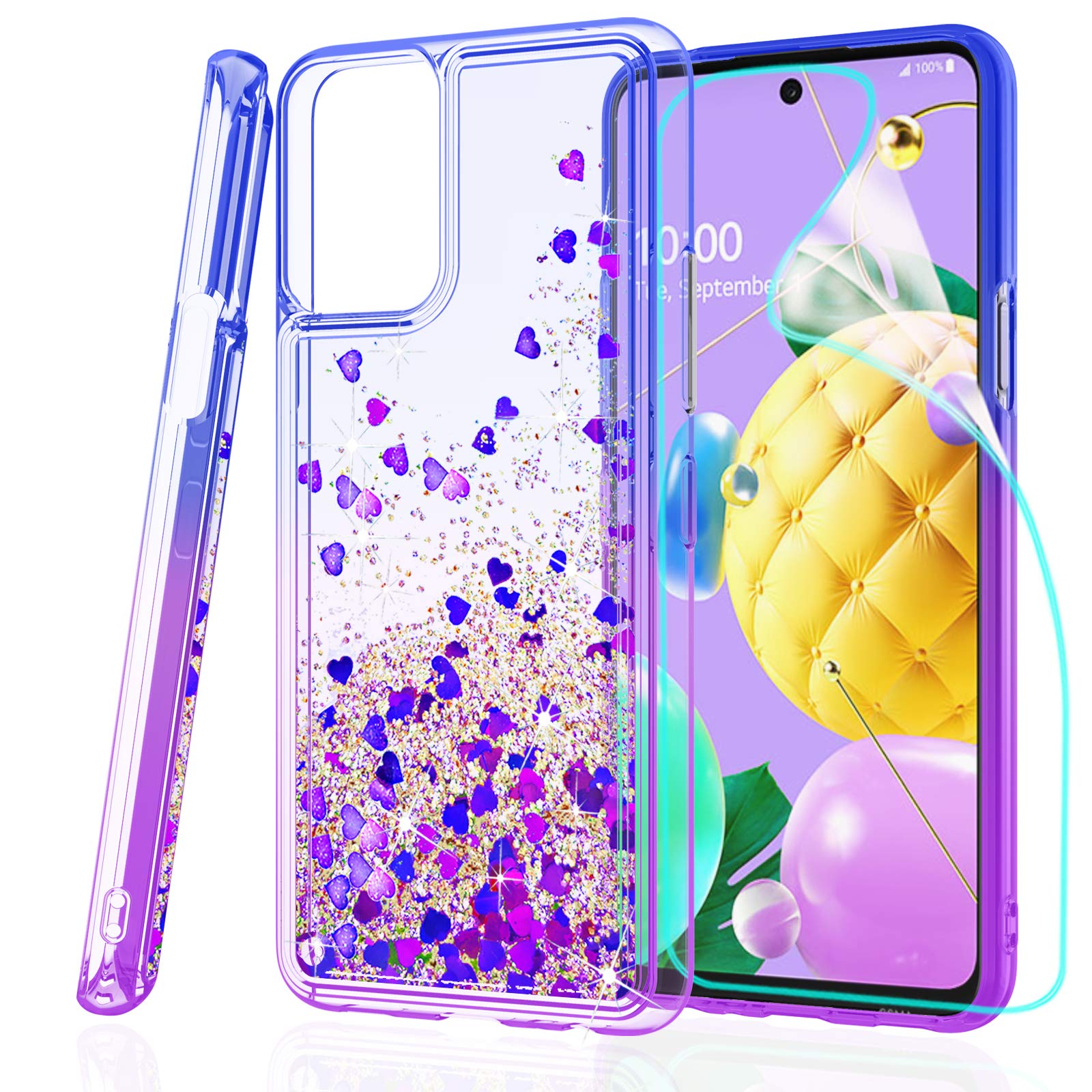 ZingCon Compatible for LG K52 Case,K42,K53,K62,Q52 Phone Case,Glitter Bling Quicksand Adorable Shine Case,[HD Screen Protector] Shockproof Hybrid Hard PC Soft TPU Protective Cover-Blue/Purple