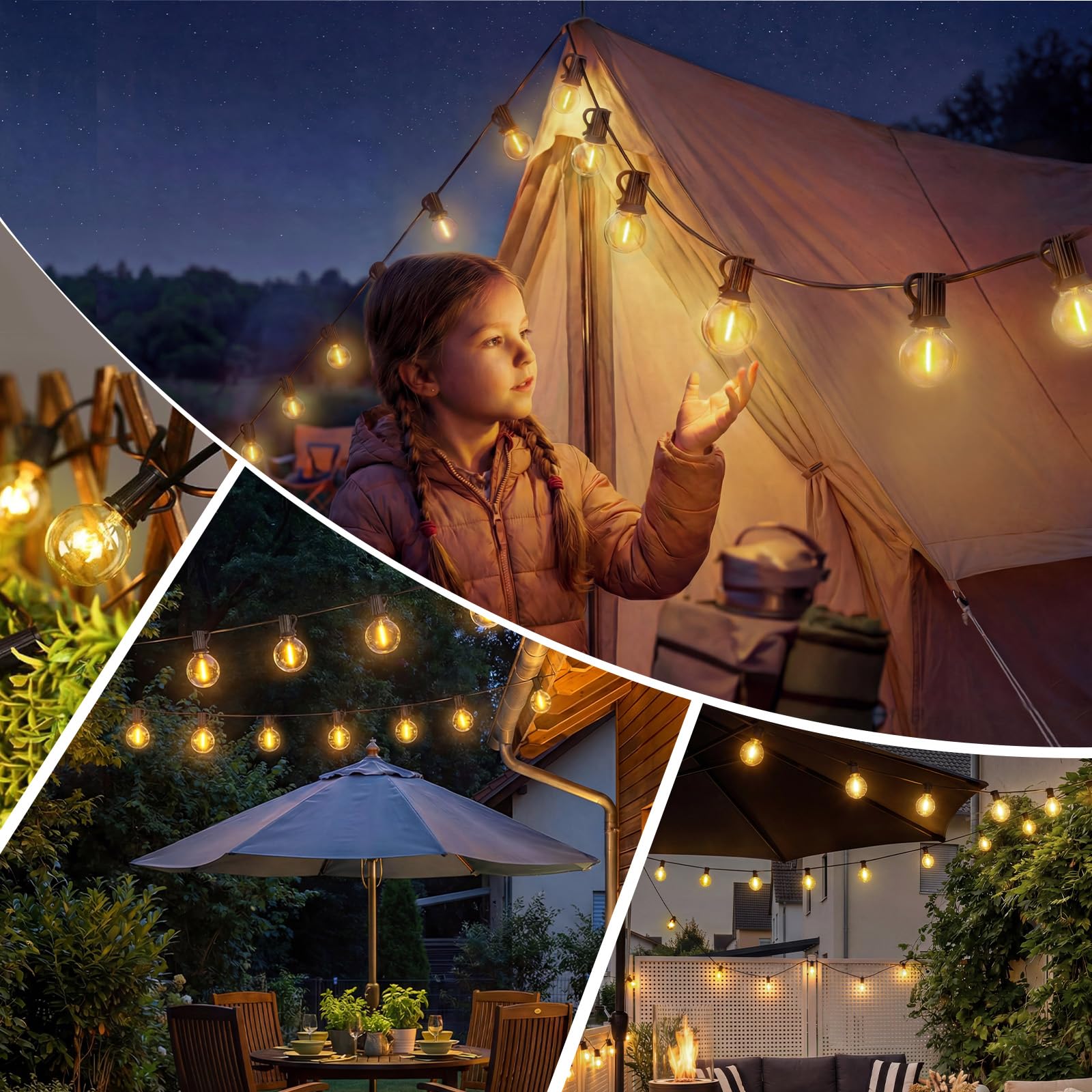 Guirnalda de luces LED para exteriores 30m, 70+4 G40 bombillas, guirnalda de luces con temporizador, IP44 impermeable, iluminación de balcón para jardín, terraza, Navidad, blanco cálido
