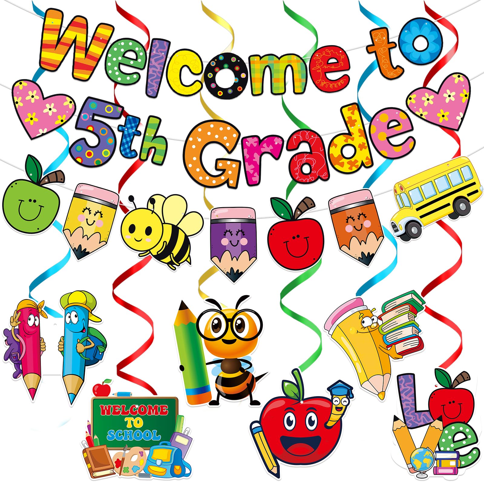 TTDQ Welcome To 5th Grade Banner First Day of 5th Grade Decorations Welcome Back to 5th Grade Banner with Hanging Decorations Back to School Decorations 5th Grade Classroom Decorations
