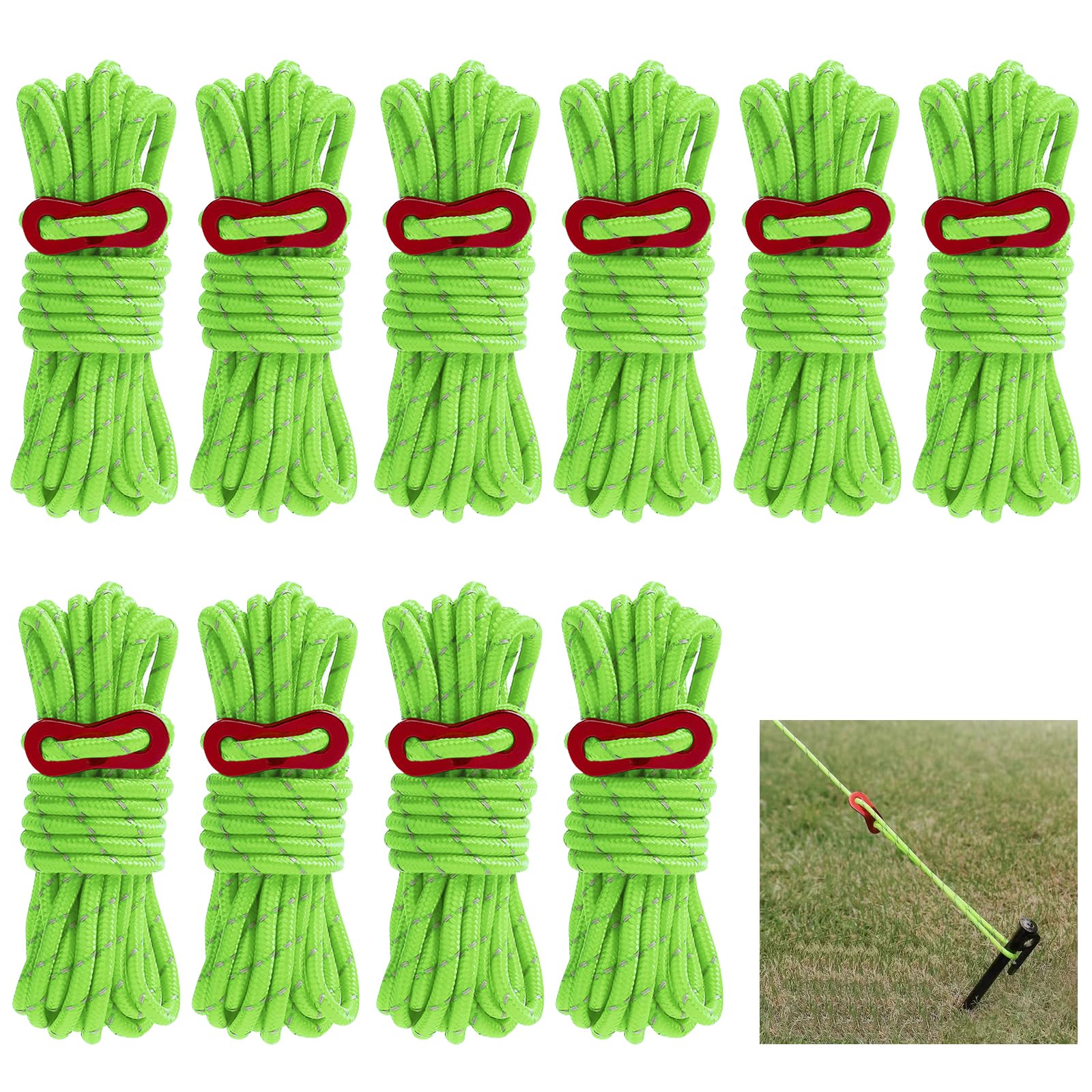 Corda riflettente per tenda, 10 pezzi, verde, 4 m di lunghezza, 4 mm di lunghezza, corde leggere da 4 mm, per campeggio