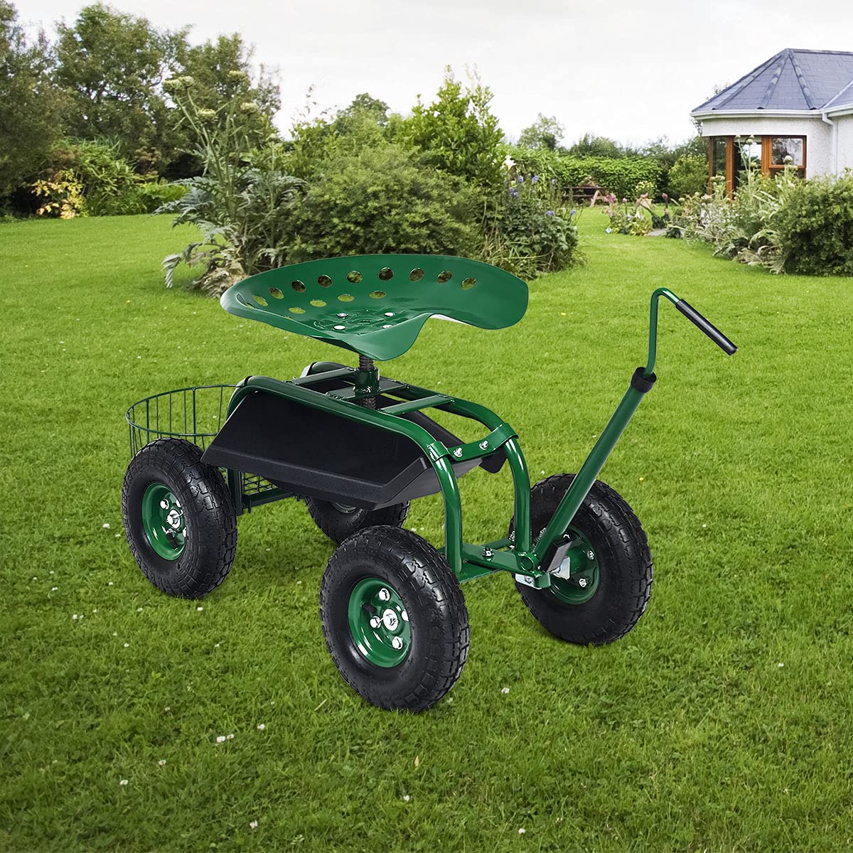 COSTWAY Rollsitz mit Rollen, Gartenwagen mit ausziehbarem Griff & Korb, 360 ° drehbar | höhenverstellbar| bis 150kg, fahrbarer Gartensitz, Gartenrollsitz für Gartenarbeit, Grün (96,5x47,5x47-55cm)