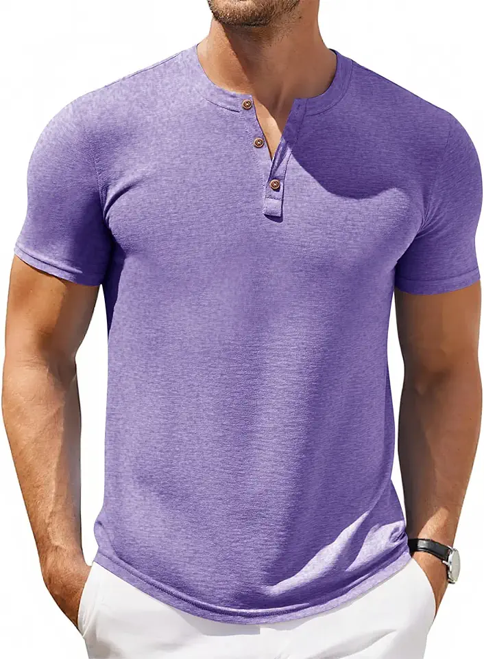Aoysky Men Short Sleeve Henley T-Shirt Casual Solid Color Button-up Henley Shirt V Neck Tee Tops