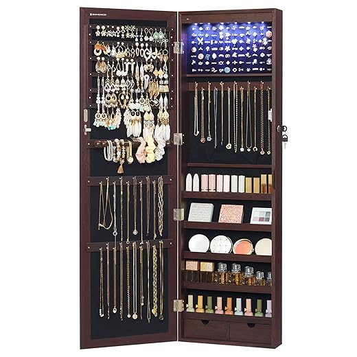 SONGMICS 6 LEDs Mirror Jewelry Cabinet, 47.2-Inch Tall Lockable Wall or Door Mounted Jewelry Armoire Organizer with Mirror, 2 Drawers, 3.9 x 14.6 x 47.2 Inches, Christmas Gifts, Brown UJJC93K