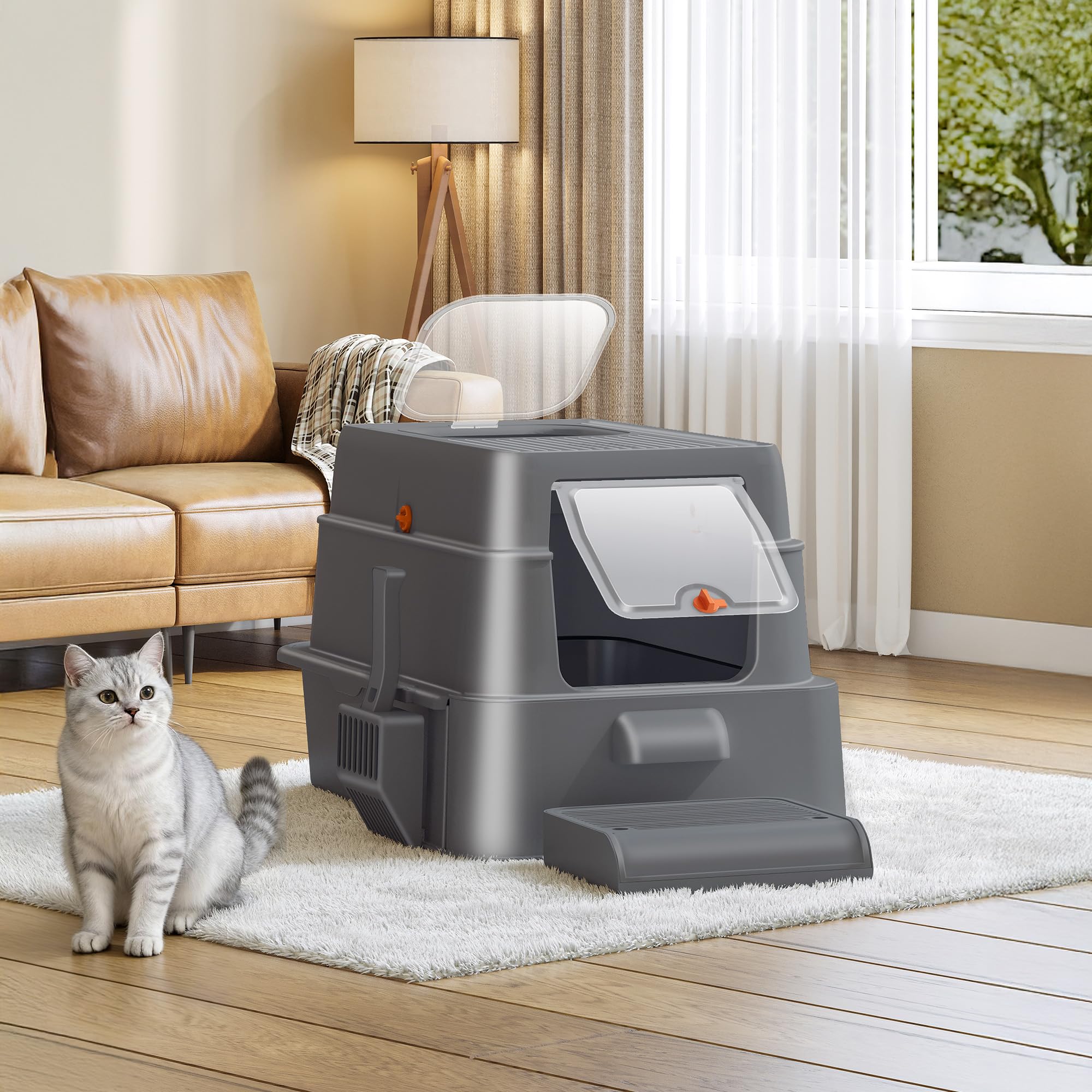 Arenero Acero Inoxidable Gatos con Cajón, 65x44x40cm, Gris Oscuro | XXL Arenero Metalico Cerrado para Gatos, Incluye Pedal y Pala, Control de Olores, Fácil de Limpiar, Dos Entradas FPLB201SG2