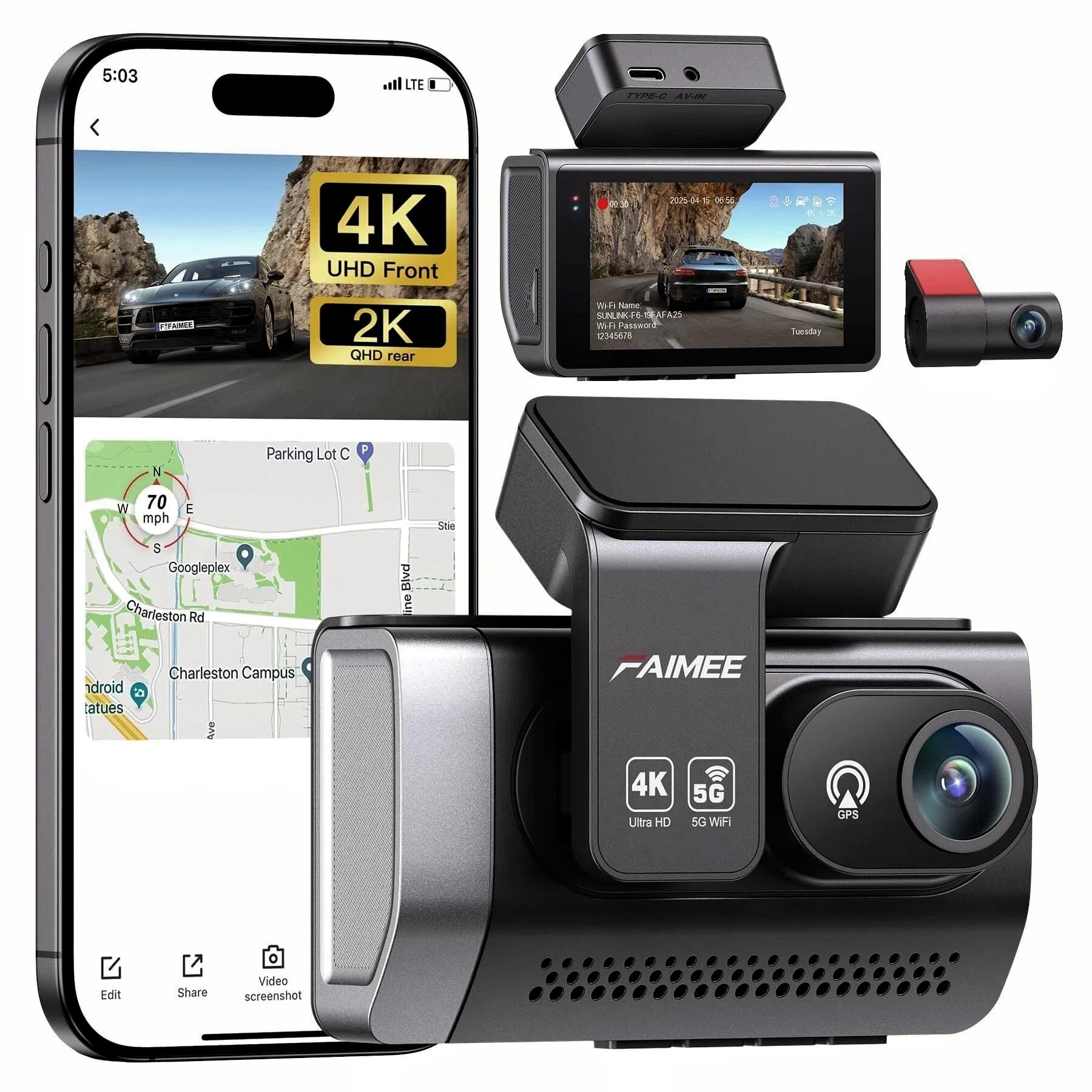 FAIMEE 2-channel dash cam with 4K front and 2K rear cameras