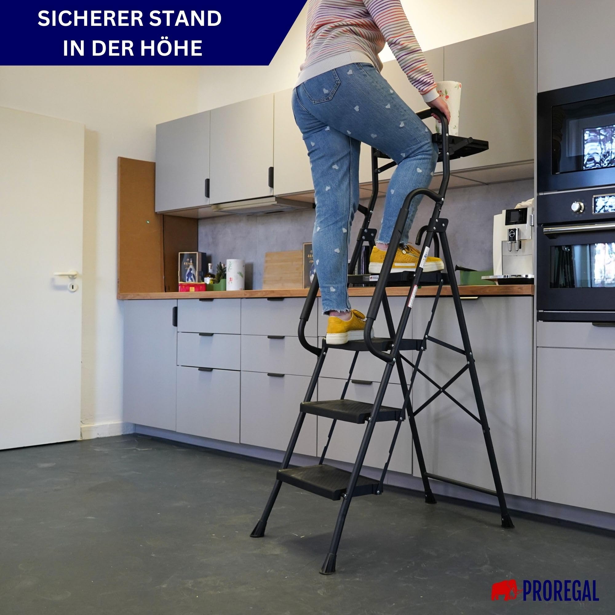 PROREGAL Profi-Escabeau pliant avec certification TÜV/GS, avec arceau manuel et plateau à outils 4 marches avec surface striée HxLxP 160x51x87cm Capacité de charge 150kg Acier Noir, Marche Pied Pliant