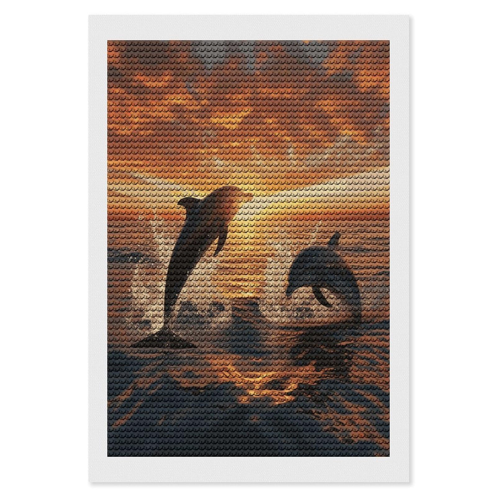 JTREHY Dolphins Jumping Out of The Water at Sunset Diamond Art Kits Personalized DIY Round Diamond Painting Kits for Beginner Full Drill Diamonds Dots Paintings for Adults Gem Art Crafts Home Decor