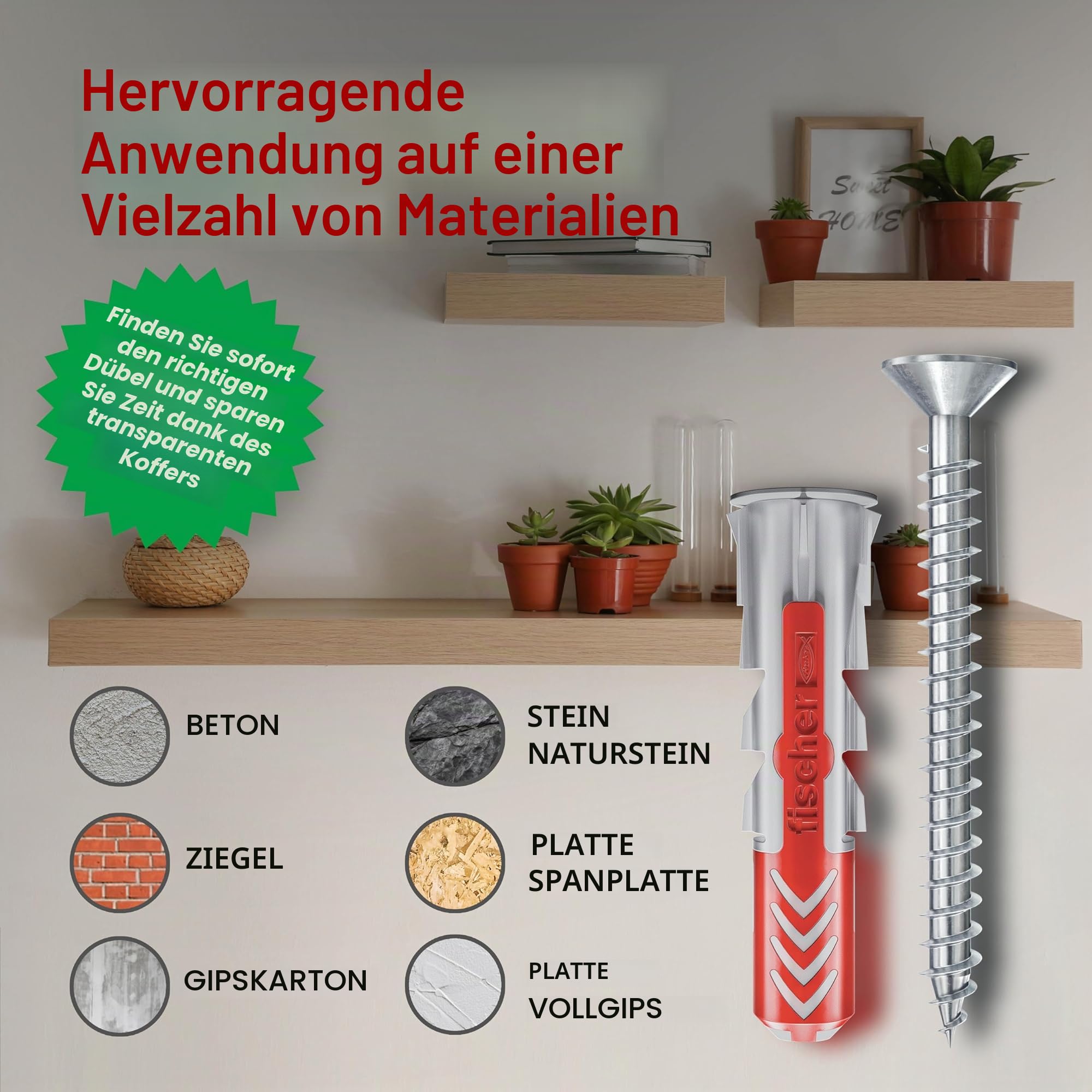 Fischer PowerBox 180 Dübel DuoPower mit Schrauben und Haken, für Vollwand, gebohrt und Gipskarton, 360 Stück, 564282