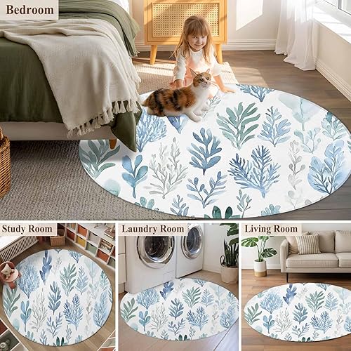 Miniatura 6 de 5ft Round Rug, Blue Green Botanical Non-Skid Rubber Backing Large Area Rugs - Living Room Bedroom Home Office, Retro Summer Watercolor Leaf Plant
