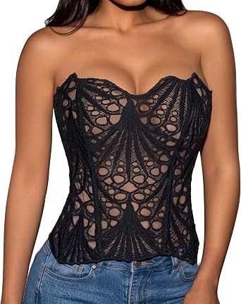 JASGOOD Lace Corset Tops For Women Textured Sheer Floral Lace Corset Going Out Lace Mesh Lace up Corset Bustier Top
