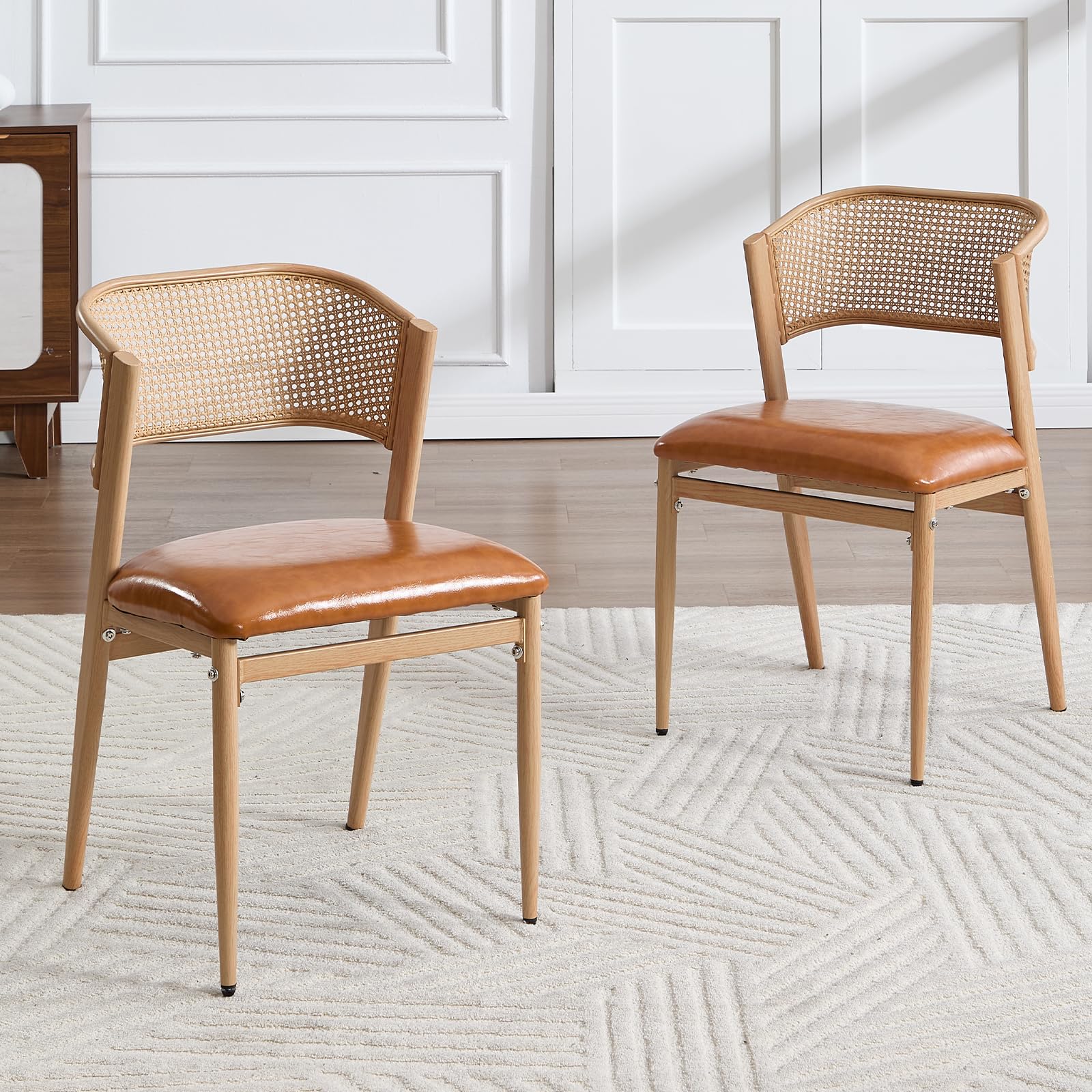 chairus 2PCS Sillas de Comedor de Madera con Respaldo de Ratán, Marrón | Asiento de Cuero PU, Sin Brazo, Estilo Moderno, Para Restaurante