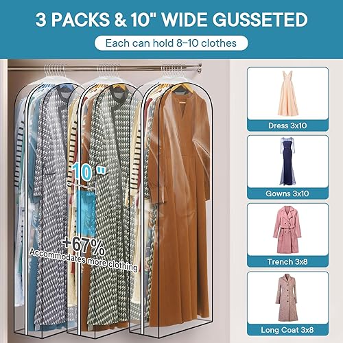 Miniatura 9 de Paquete de 3 bolsas de ropa transparentes reforzadas de 10 pulgadas, bolsas de traje de 43 pulgadas para almacenamiento en el armario, bolsas de