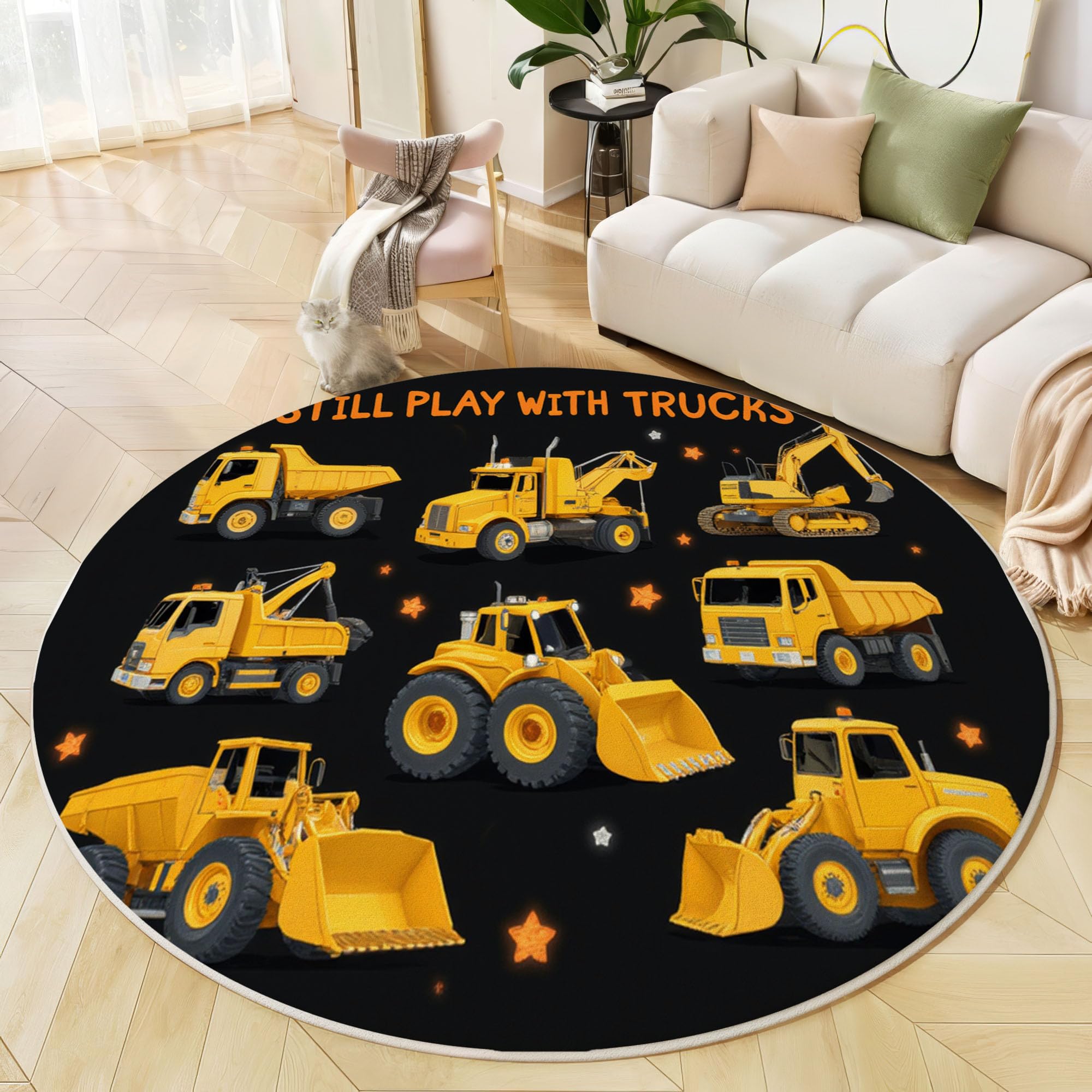 Tappeto Rotondo Salotto 140cm Tappetini a Pelo Corto Veicoli Da Costruzione Antiscivolo Lavabile Bambino Scendiletto per Bambini Cameretta, Zona Balcone, Tappeto Tavolino, Nero