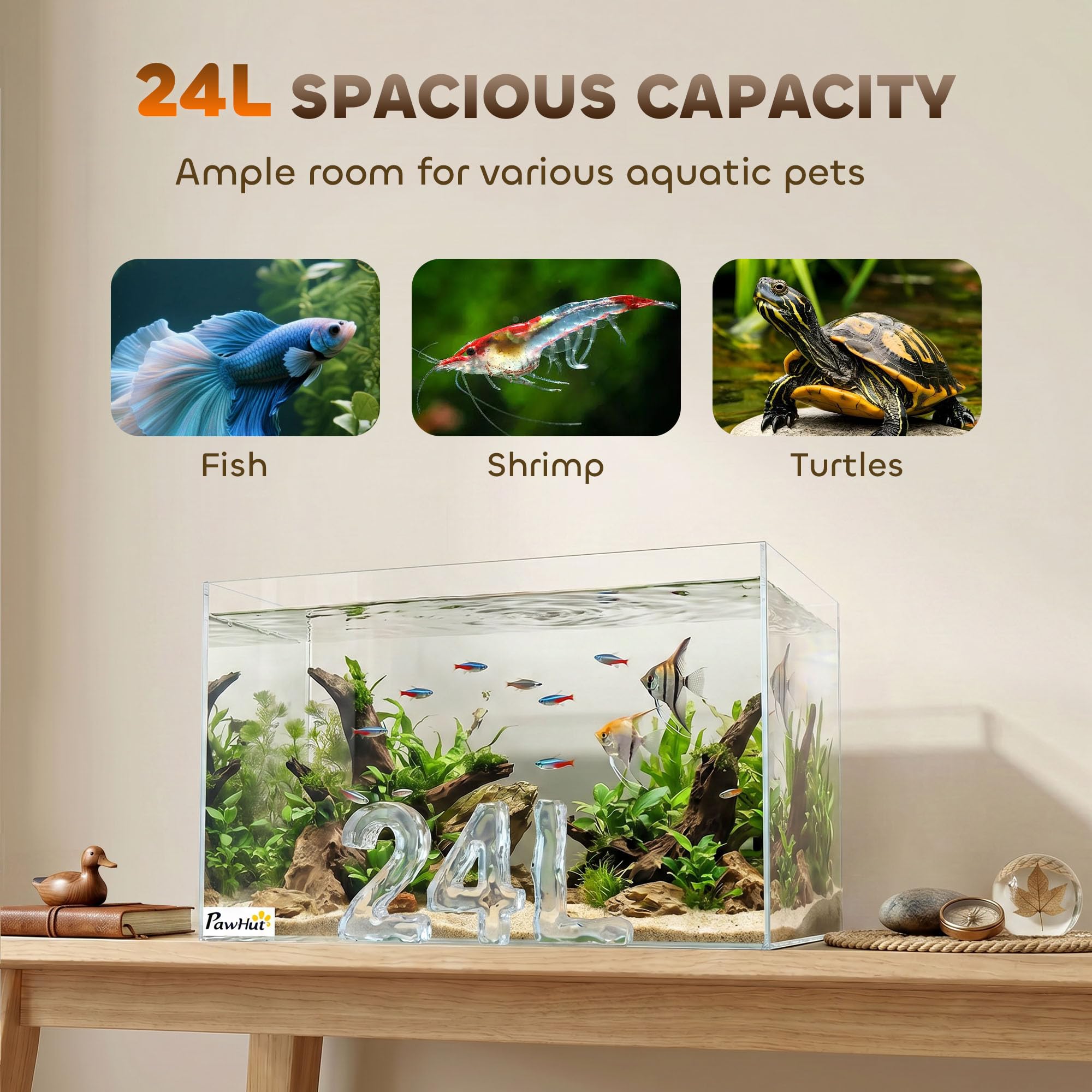 PawHut 24L Fish Tank Glas Aquarium Klein Fisch Tank mit Schutzbodenmatte für Garnelen Schildkröten Transparent 40x25x25cm