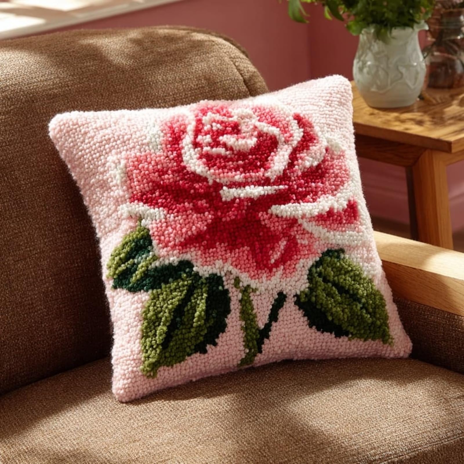 WallustrioaW Latch Hook Cushion Cover Kit 43x43cm,Pink Roses