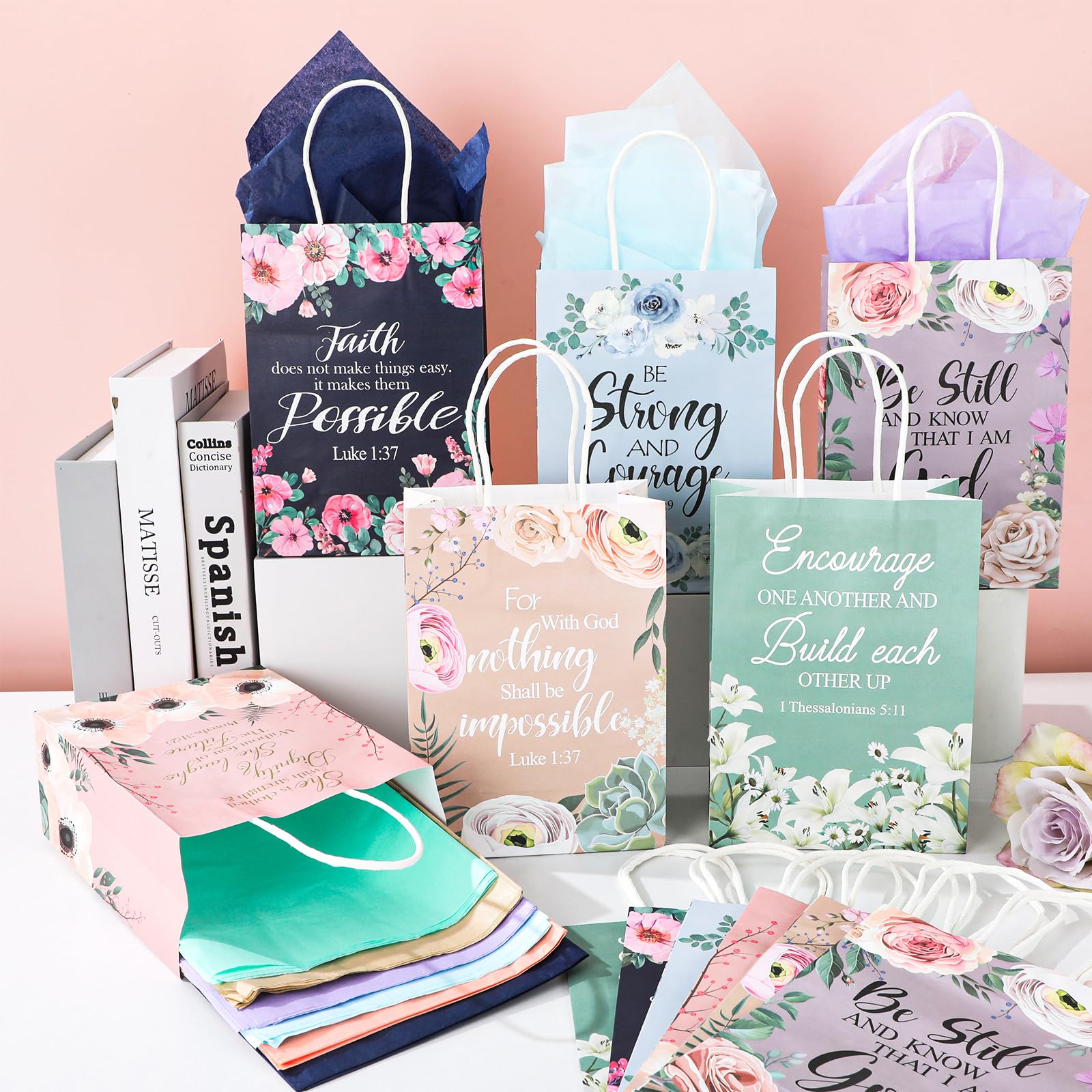 24Pcs Religious Christian Gift Bags Spring Classic Bible Verse Floral Paper Bags Inspirational Motivational Flower Treat Bag with Tissues Christian Church Gifts for Women Wedding Baptism Birthday Part