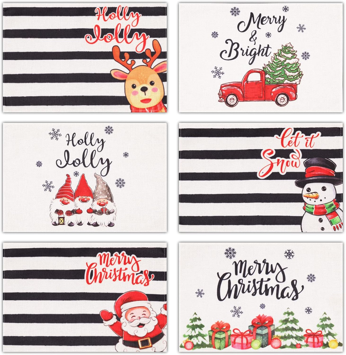 6 PCS Black Stripe Christmas Placemats 12 x 18 inch Xmas