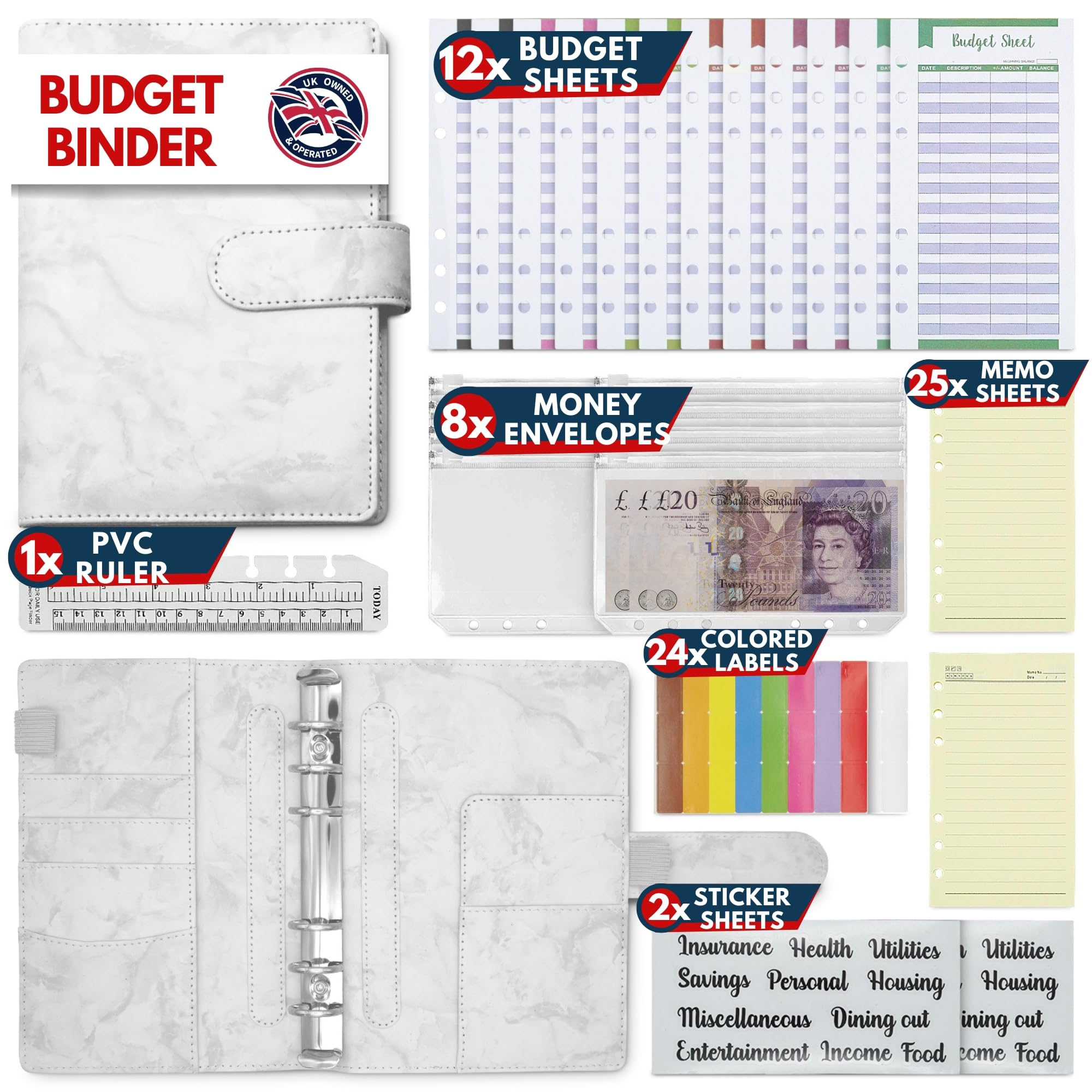 A6 PU Leather 51pcs Budget Binder Notebook - Money Saving Wallet with Plastic Money Wallet Organiser, Label Sticker, Ruler - Budget Planner & Cash Envelopes for Cash Stuffing Wallet UK - White