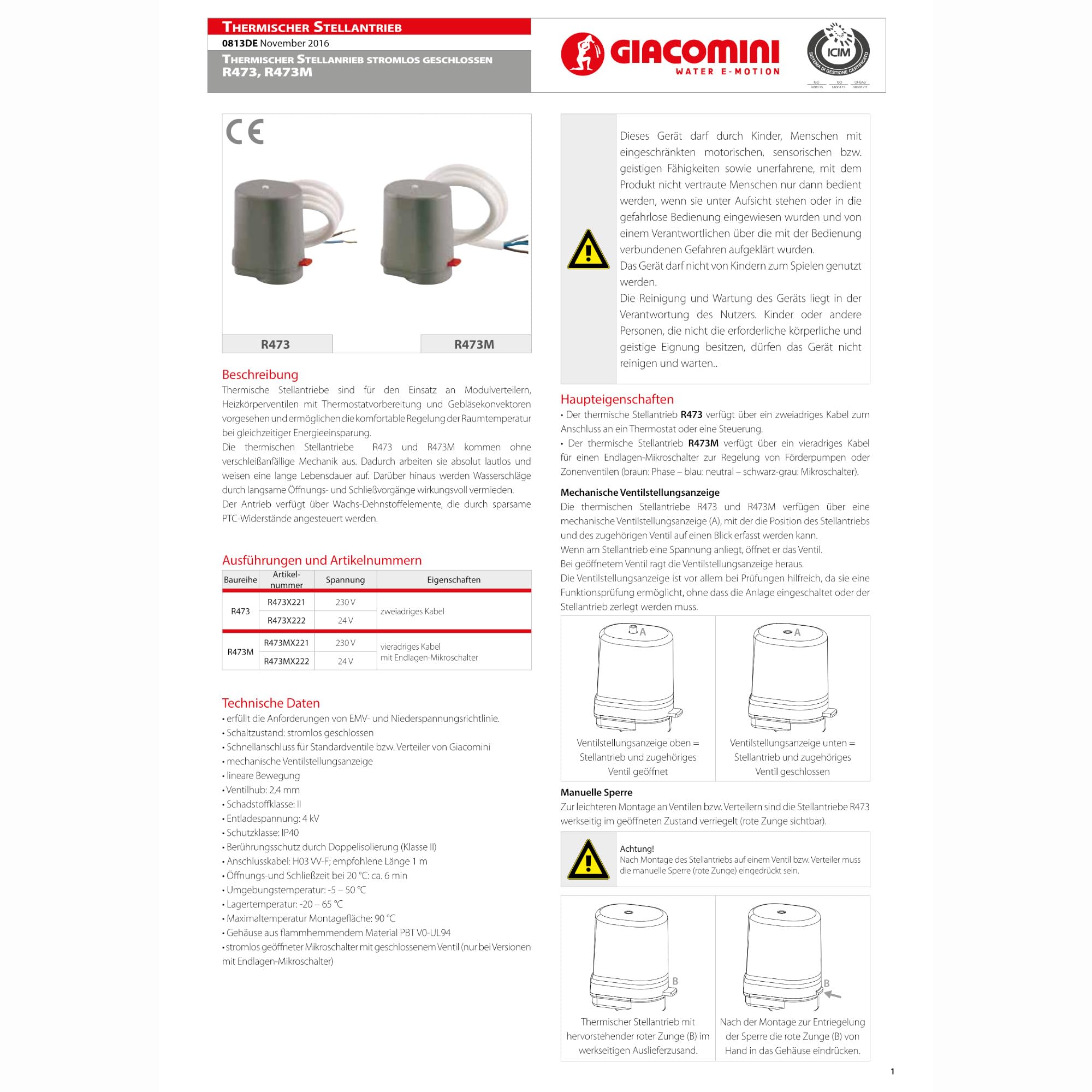 Giacomini Actuador térmico, 24V NC, R473, R473X222