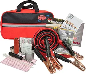 A comprehensive roadside emergency kit in a red bag.