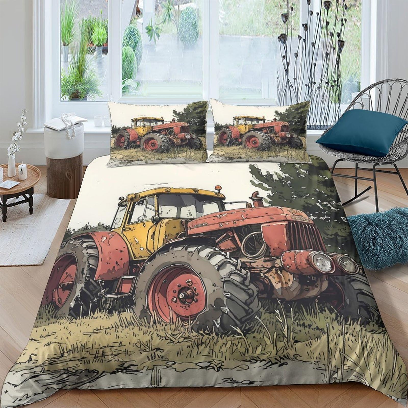 Ctjqhvkz Style-1 3D Printed Vintage Tractor Fitted Sheet Microfiber Farm Landscape Bed Sheet Anti-Slip Bedroom Decor For Home Guestroom Single（135X200cm）
