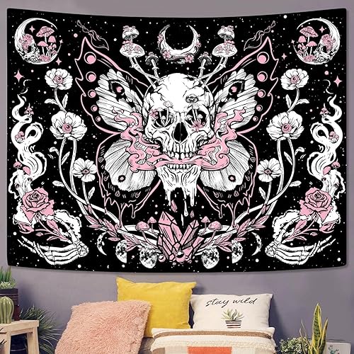 Miniatura 2 de Kanuyee Tapiz de calavera y mariposa, tapiz floral gótico para colgar en la pared para dormitorio, decoración de habitación rosa para dormitorio y