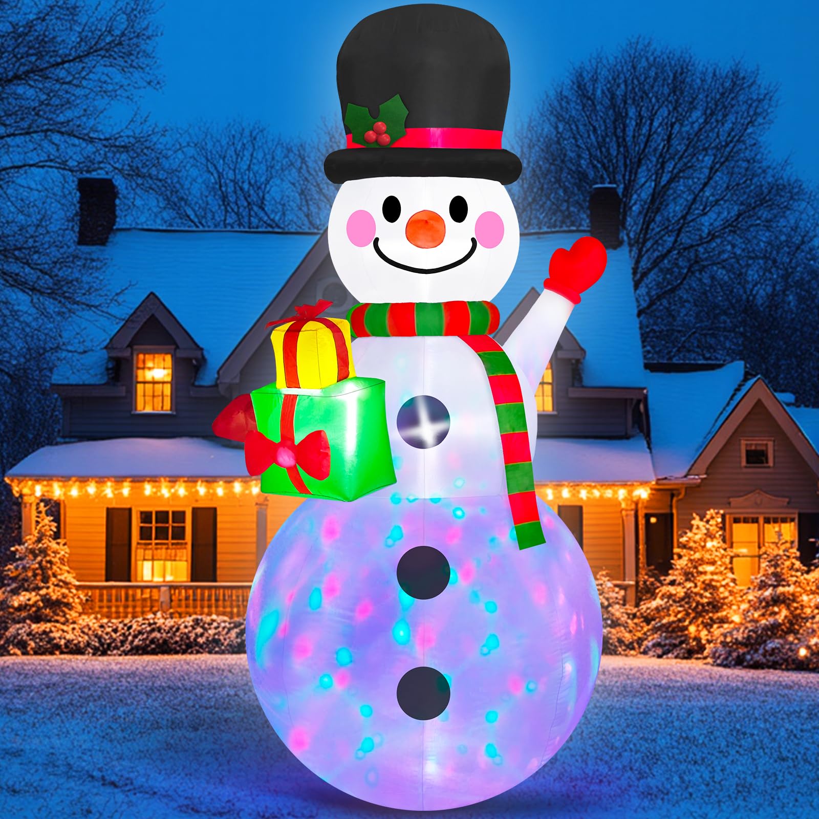 2,44M Schneemann Aufblasbare Weihnachtsdeko mit Farbiger LED-Beleuchtung
