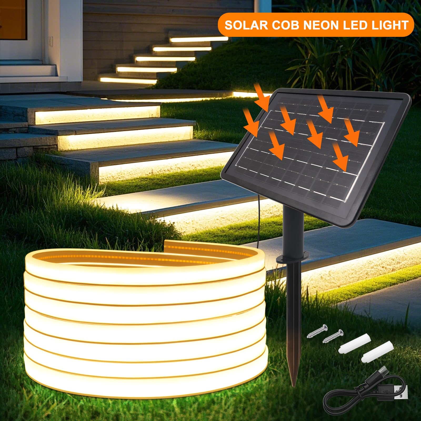 KISUFU 24V Solar COB Neon LED Strip, doppia faccia luminosa 320 LEDs/m IP67 impermeabile striscia di luce con 1200mah 8-mode pannello solare LED Per giardino, piscina decorazione.