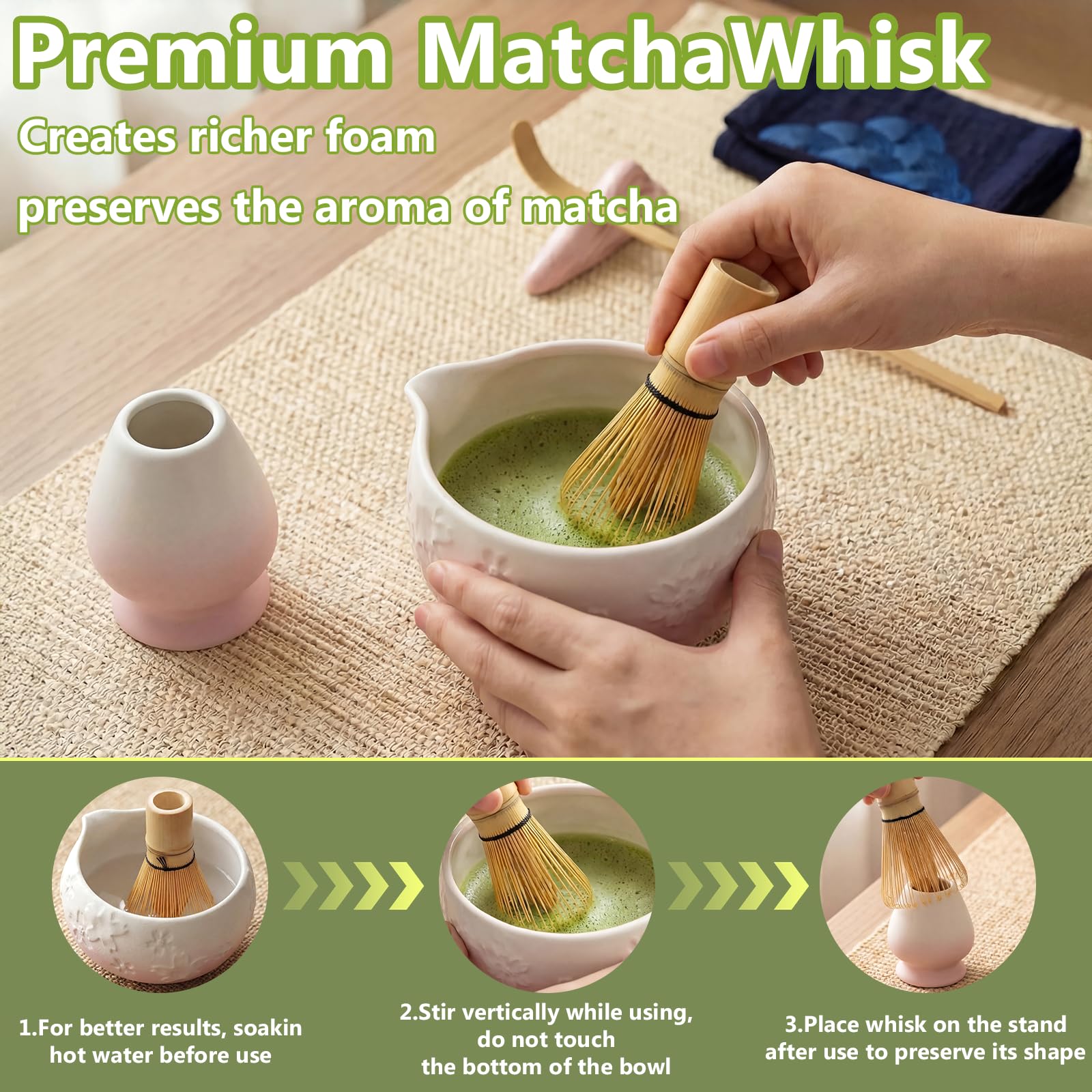8 pezzi Matcha Kit, Matcha Set tradizionale in ceramica con Frusta Matcha, Ciotola, Cucchiaio, Filtro, Supporto, Kit Matcha completo, Elegante Set per Amanti del Matcha, Bianco Rosa