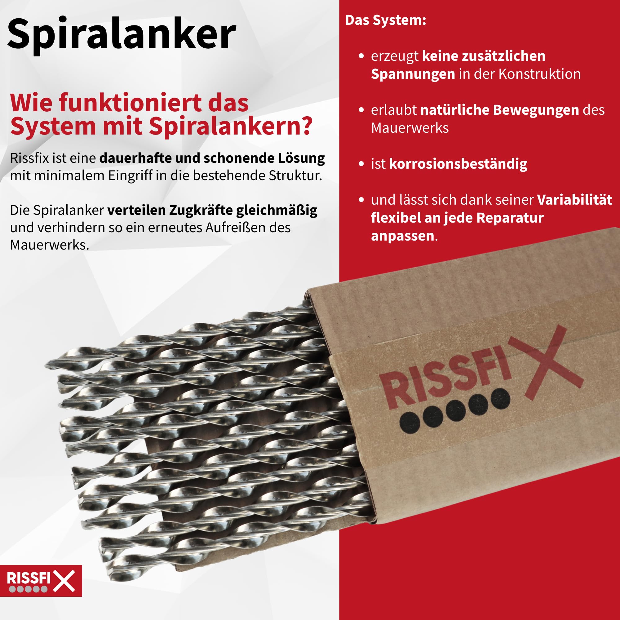 Spiralanker aus rostfreiem Edelstahl – 10 Stück à 1 m – zur Sanierung von Rissen im Mauerwerk (⌀ 6 mm)