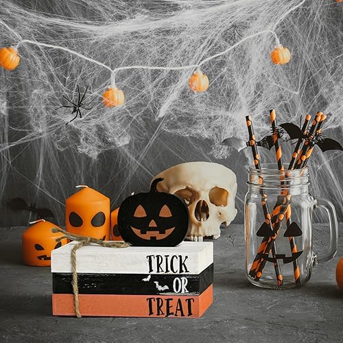 Miniatura 8 de Smile Happy - Pila de madera de Halloween, paquete de mini libros falsos de calabaza, decoración de bandeja escalonada de truco o trato, decoración