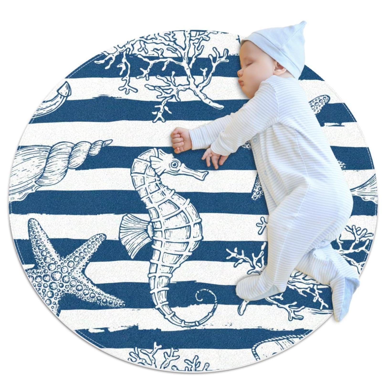 Tapis de salle de bain rond 1m à rayures bleues motif hippocampe et ancre marine antidérapant