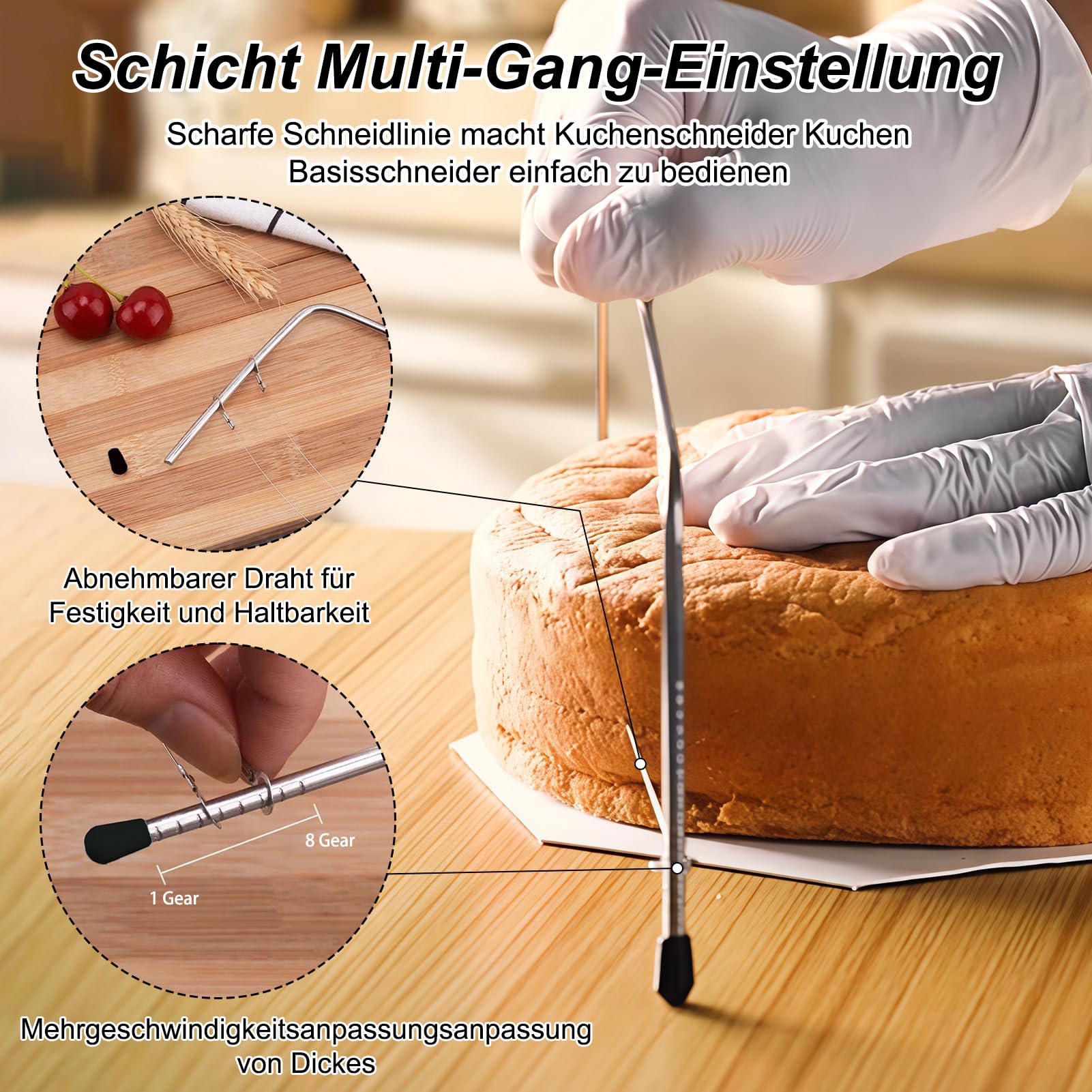 Cakesnijder, professionele cakebasis snijder 32 cm, roestvrijstalen cakesnijderhoogte verstelbaar, dubbele lagen snijdraad, voor zelfs lagen cakelagen