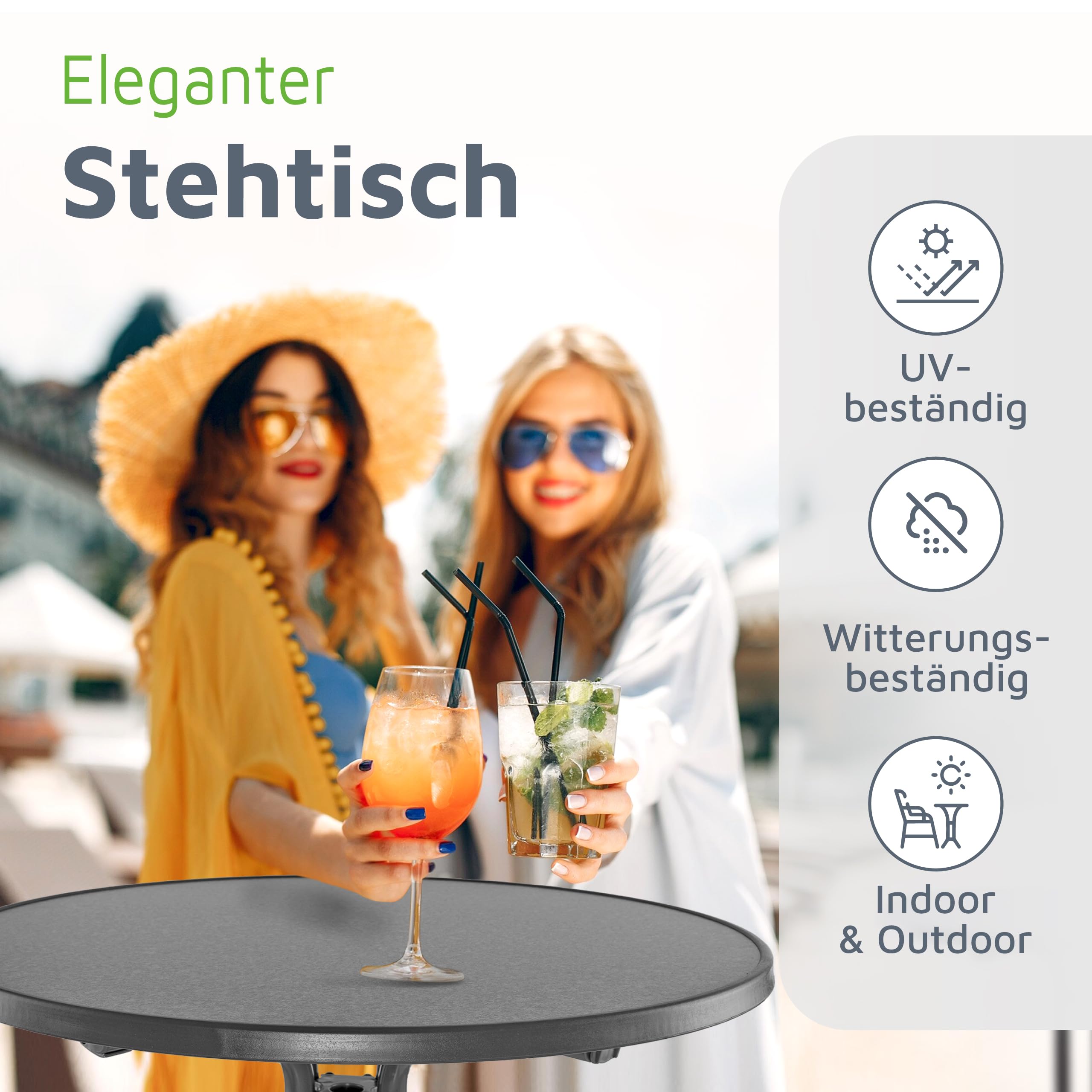 BeFair Stehtisch Klappbar Anthrazit, 80 cm Rund, Nico - Stabiler Bartisch in Höhe 110 cm mit 4 praktischen Haken für Jacken oder Handtaschen - Wetterbeständig, mit kratzfester Tischplatte