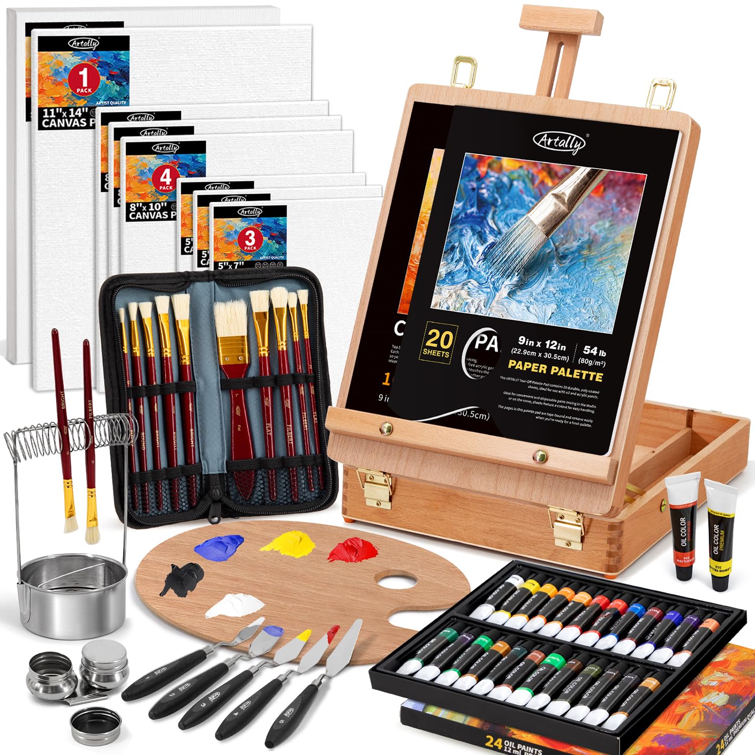 82Pcs Professional Oil Painting Set with Easel Box, 24 Rich Oil Colors & 10 Hog Brushes,Palette Knives, Canvases Complete Art Supplies Kit for Beginners & Artists