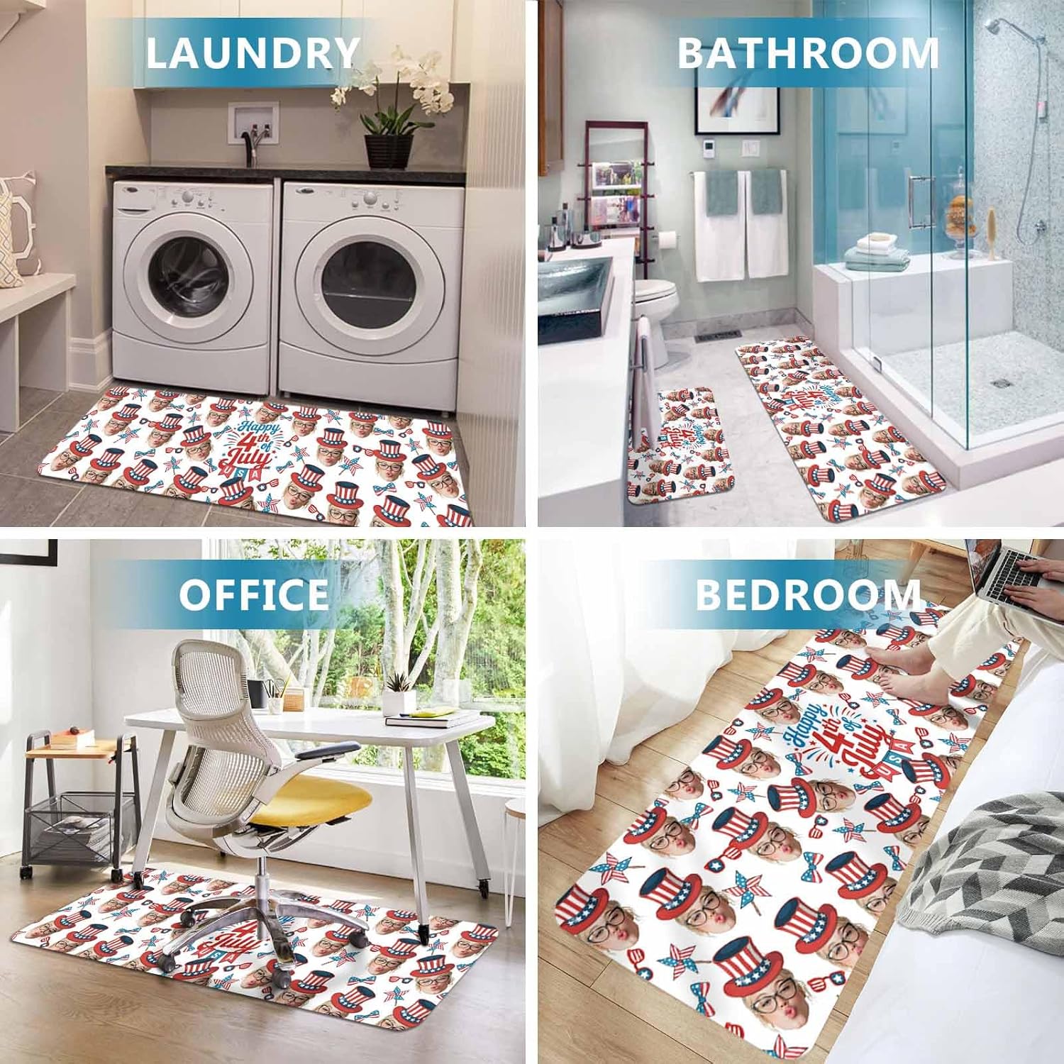 Prime Leader Happy 4th of July Kitchen Mat Set 2 Pieces USA Flag Bow Hat Windmills Glasses Non Slip Kitchen Rugs Washable Runner Rug Mats for Sink Laundry (19.7" x 31.5"+19.7" x 47.2")
