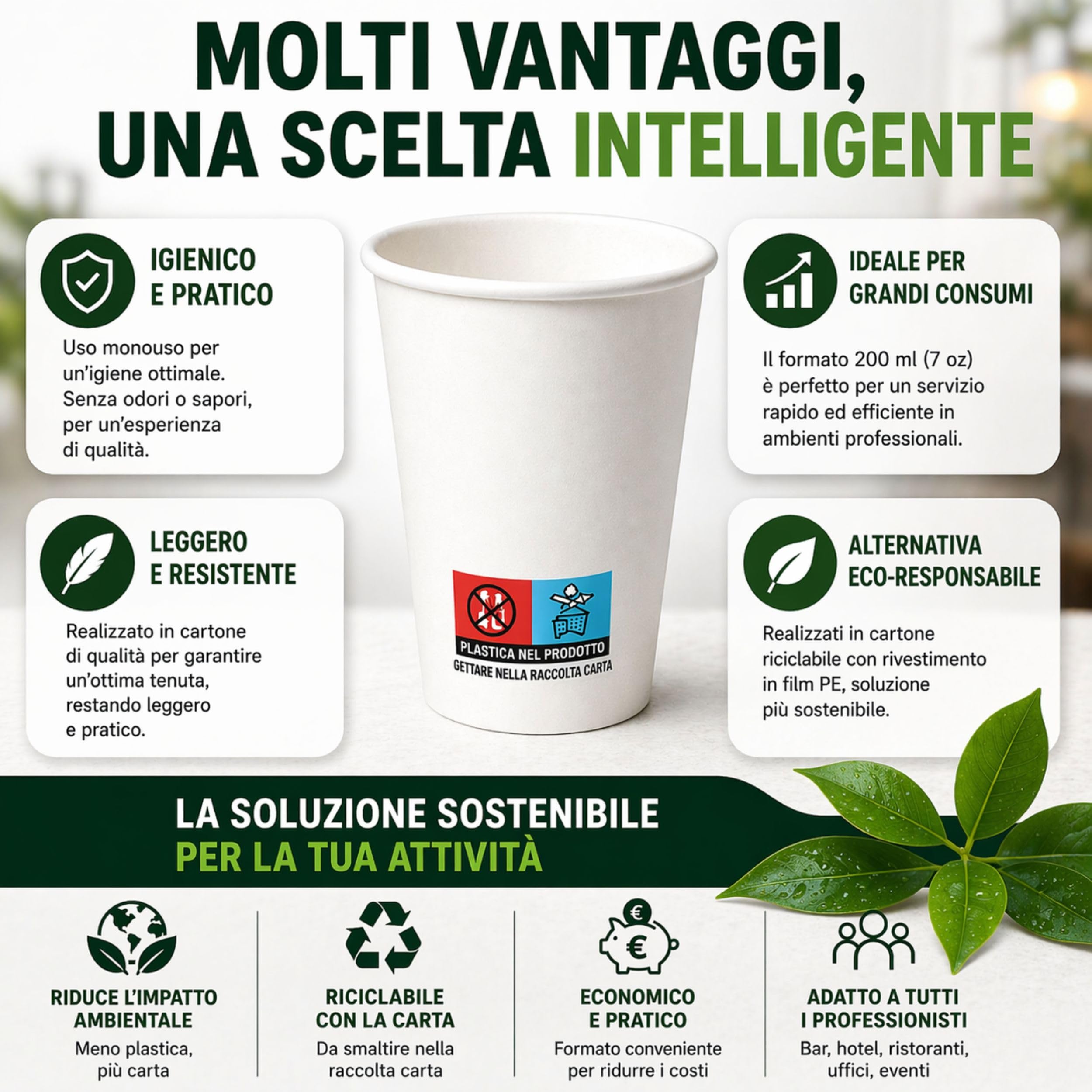 MP ECO SOLUTION 1000 Bicchieri Carta 200 ml Monouso Bianchi – Bicchieri Carta per Acqua e Bevande Calde – Ideali per Bar, Ufficio ed Eventi – Made in Italy