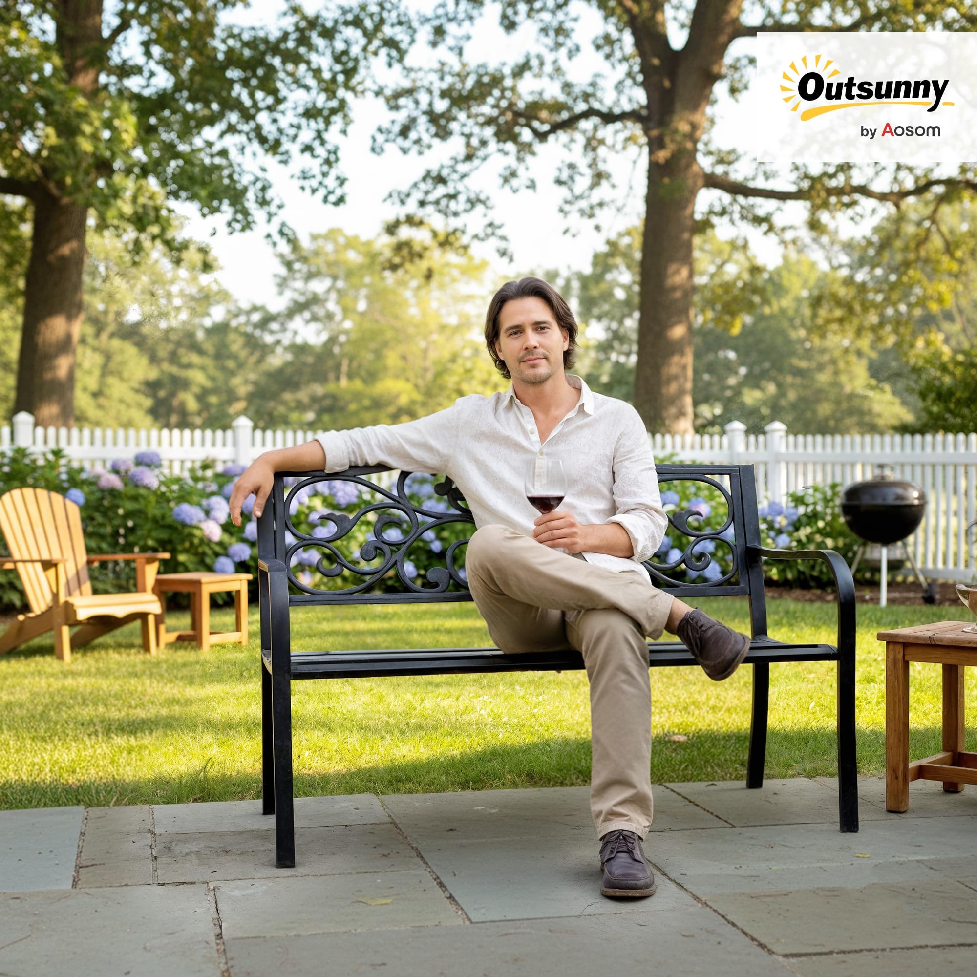 Outsunny Panchina da Esterno in Ghisa e Metallo con Schienale Alto Decorato Panchina da Giardino 2 Posti 127x60x89cm Nero