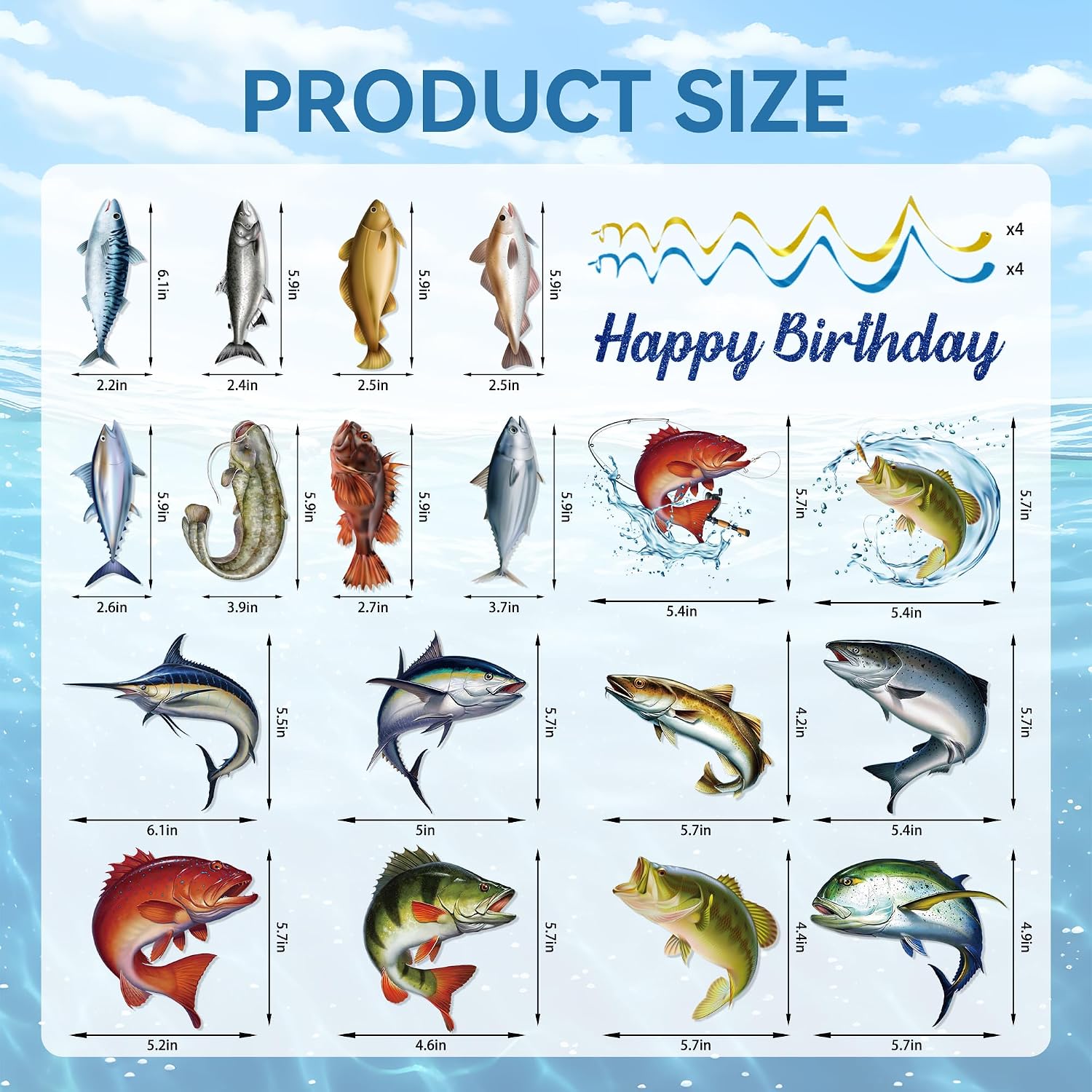 Fishing Birthday Party Decorations Include Happy Birthday Fishing Banner and Hanging Swirl Fish Theme Party Supplies