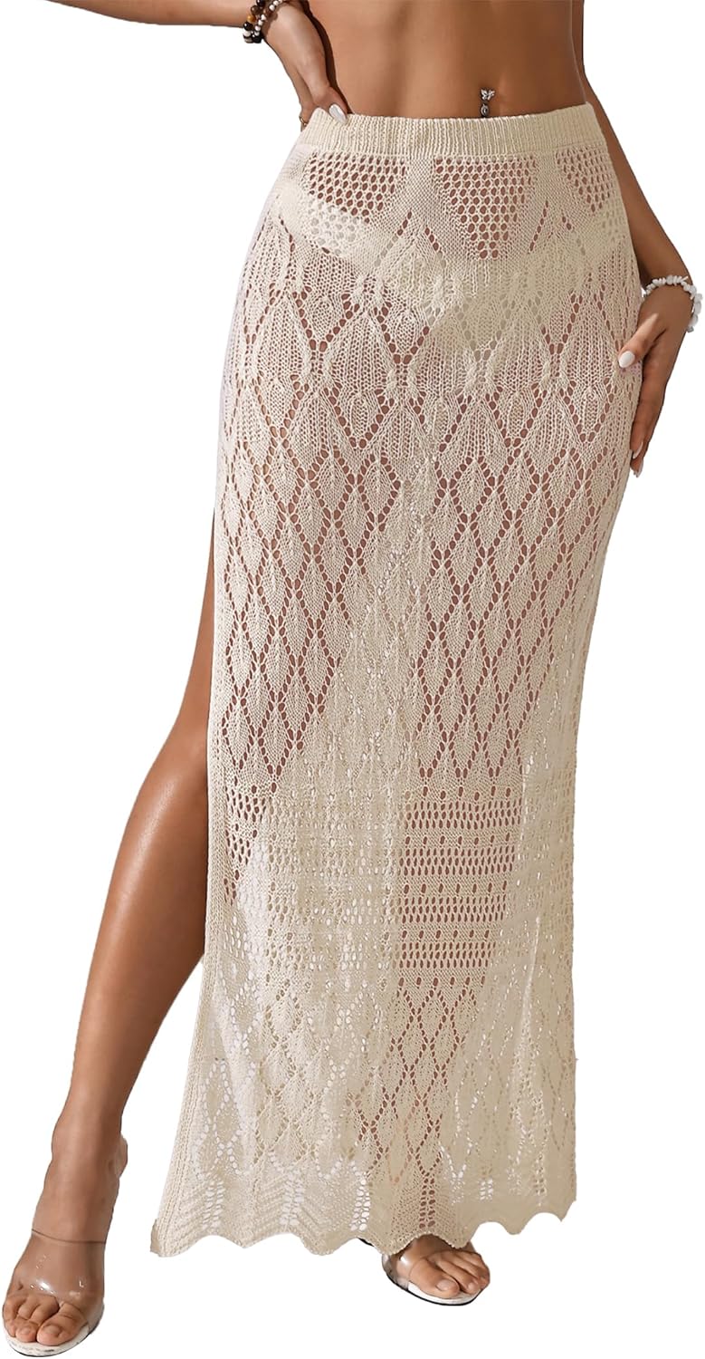 Womens Crochet Knit Elastic Waist Beach Dress 2026 Summer Outfits Side Slit Bathing Suit Cover Up Maxi Skirt