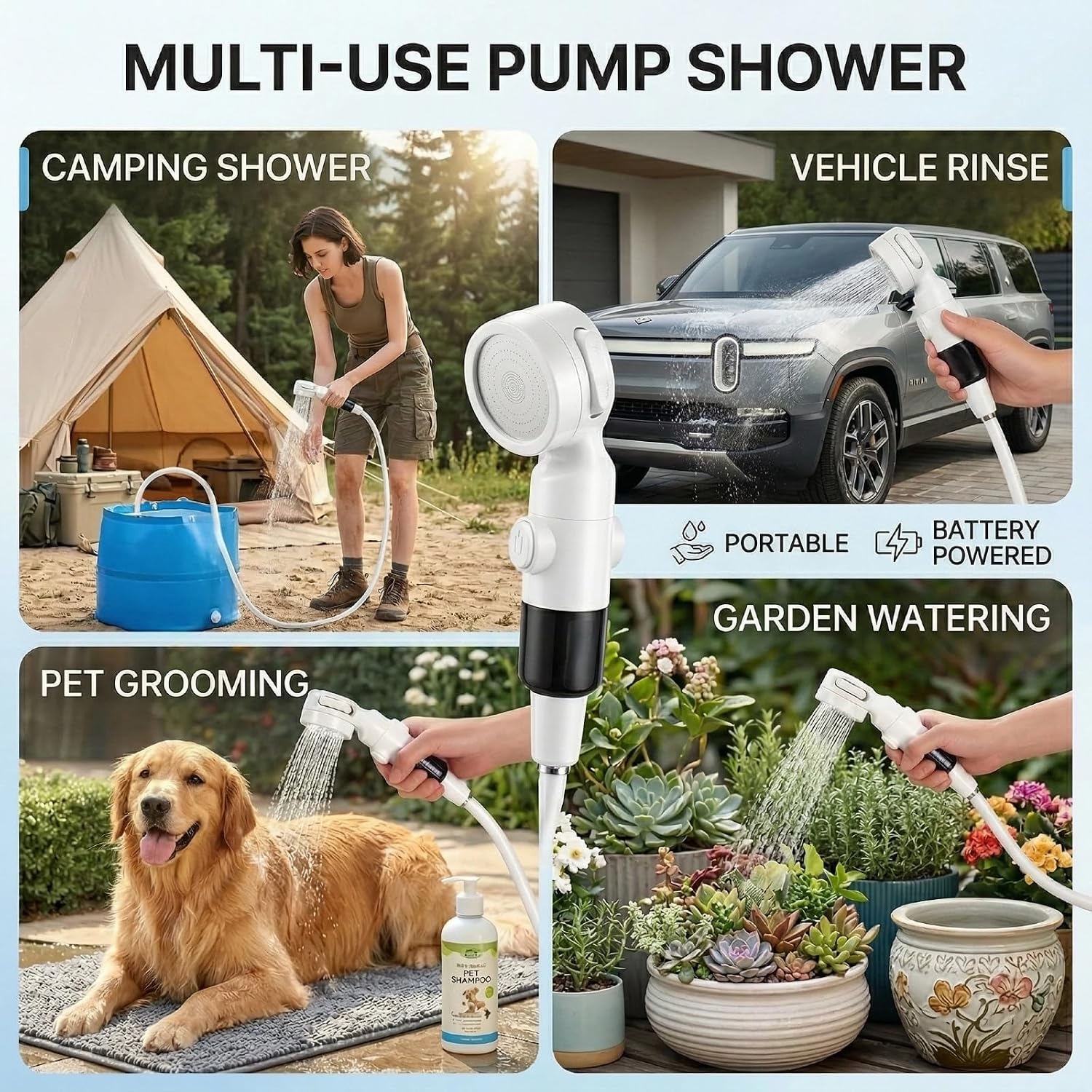 Portable Shower for Camping, Rechargeable Camping Shower Pump with 3 Spray Modes, Outdoor Shower Kit with Suction Mount & Mesh Bag for Travel, Pet Bath, RV Car Wash, Backyard Watering