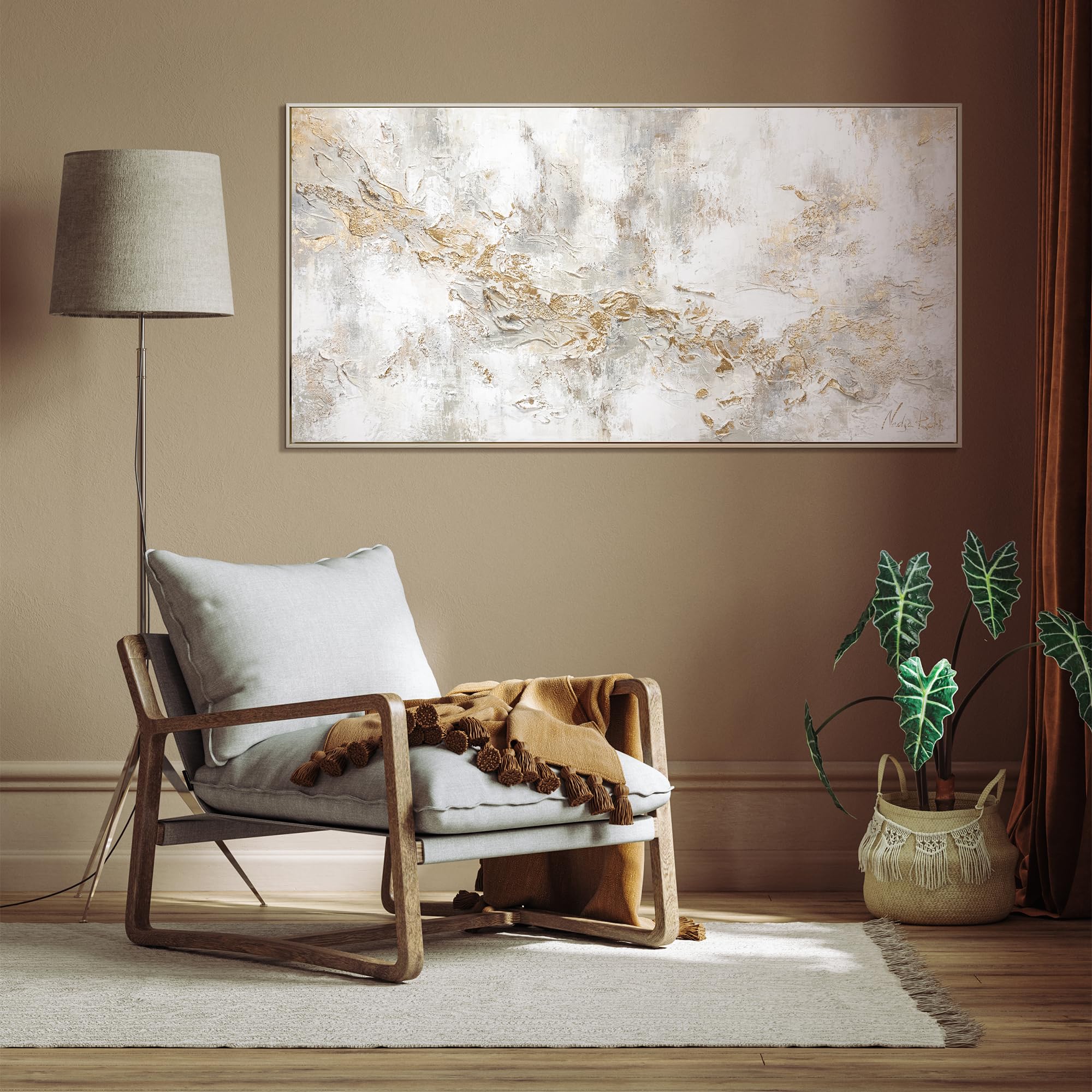 YS Tableau decoration murale salon peinte à la main Histoire Peinture moderne dans des tons beige clair avec des lignes dorées Surface texturée avec cadre 160x80 cm