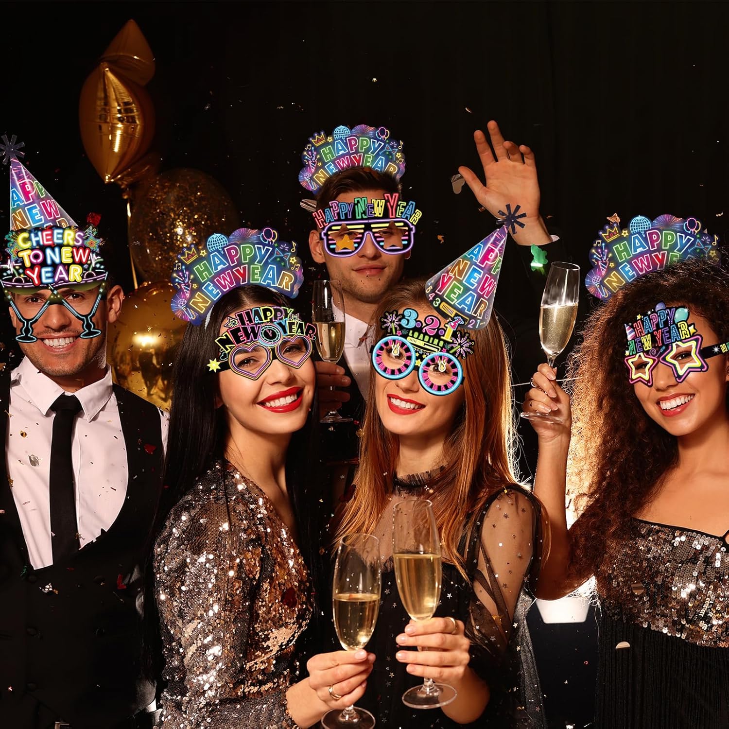HOWAF 36 Pcs Glitter New Year's Eve Party Supplies Kit, 2026 Happy New Year Eve Shiny Firework Party Supplies-New Year Headband Eyeglasses New Year Top Hats New Year Fringed Noisemaker - Image 7