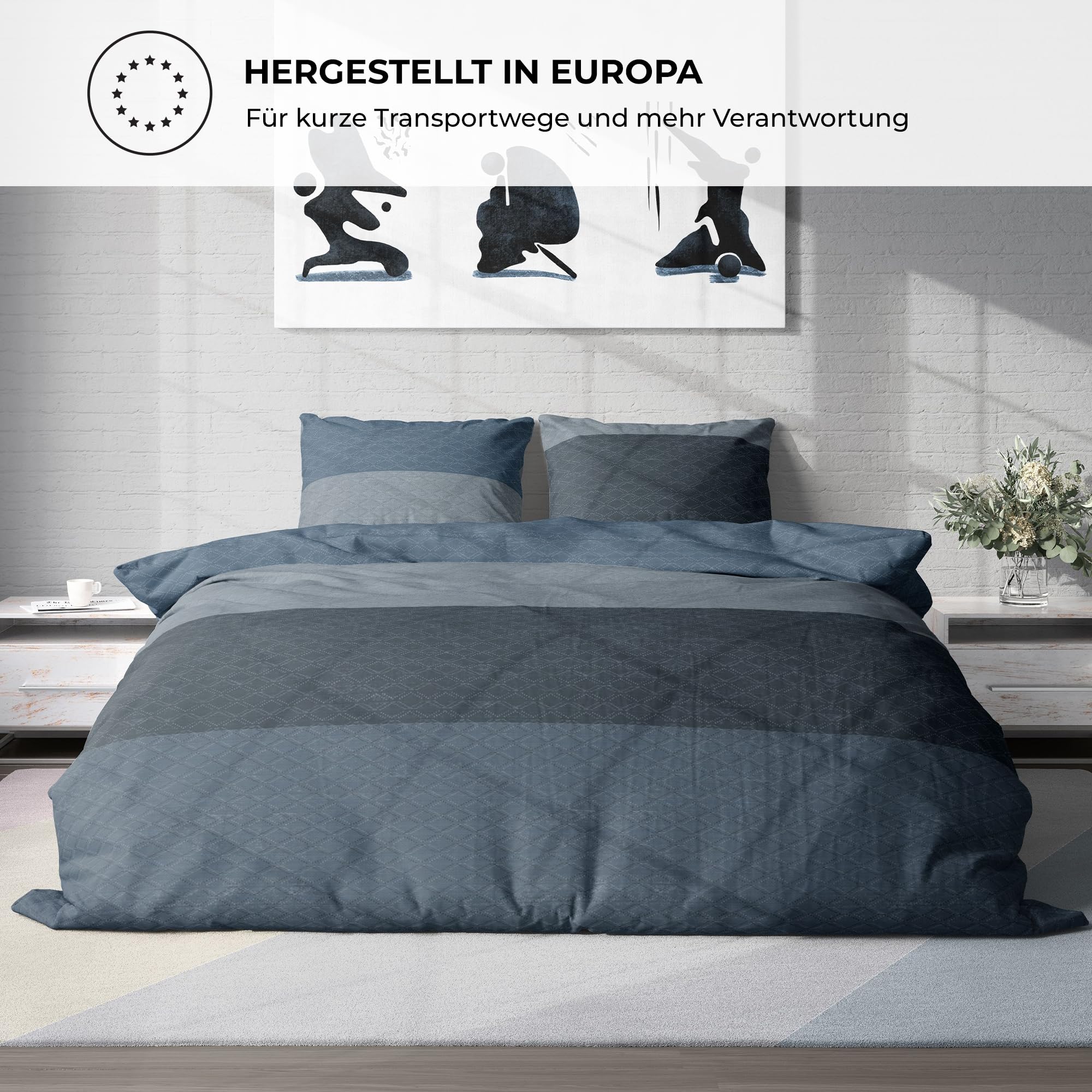 Premium Bettwäsche 200x200 – 100% Baumwolle, ÖKO-TEX Zertifiziert, Renforcé, Atmungsaktiv & Antiallergisch, mit Reißverschluss, 3teilig – Bettbezug + 2X Kissenbezug 80x80, Grau, Blau, Hellblau